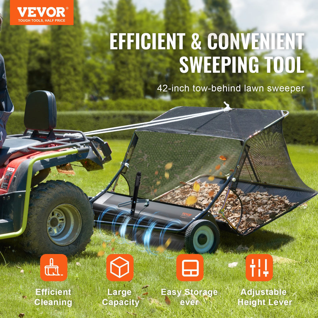 Tow-Behind Lawn Sweeper 42-inch Leaf Yard Collector 12 Cu.ft. Adjustable