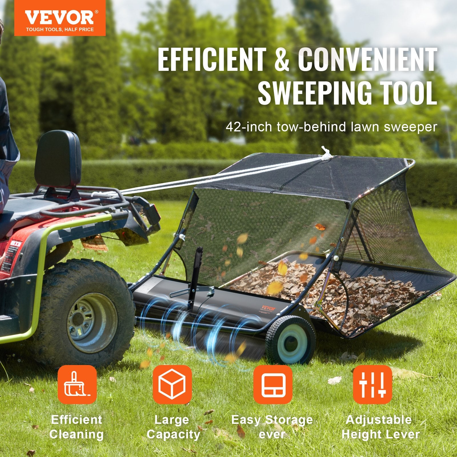 Tow-Behind Lawn Sweeper 42-inch Leaf Yard Collector 12 Cu.ft. Adjustable
