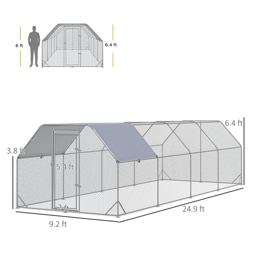 Large Chicken Coop Metal Chicken Run with Waterproof and Anti-UV Cover, Flat Shaped Walk in Fence Cage Hen House for Outdoor and Yard Farm Use, 1" Tube Diameter, 9.2' x 24.9' x 6.4'