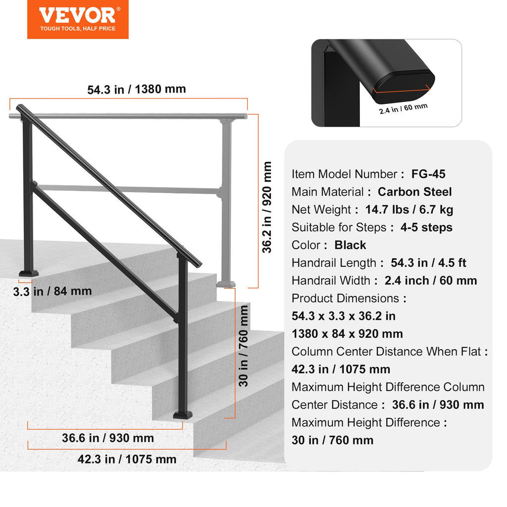 4-5 Handrails For Outdoor For Seniors Porch Deck Black Square Tube Steel