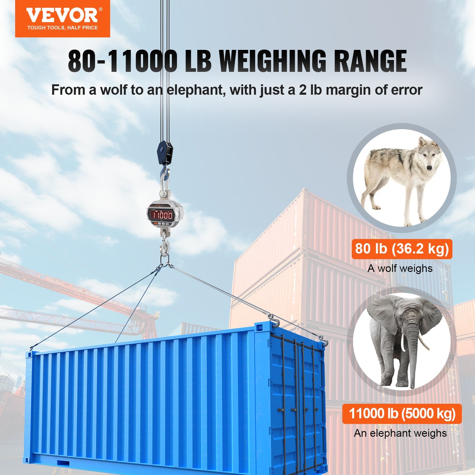 Digital Crane Scale, 11000 Lbs/5000 Kg, Industrial Heavy Duty Hanging Scale With Remote Control, Cast Aluminum Case & LED Screen, High Precision For Construction, Factory, Farm, Hunting (Silver)