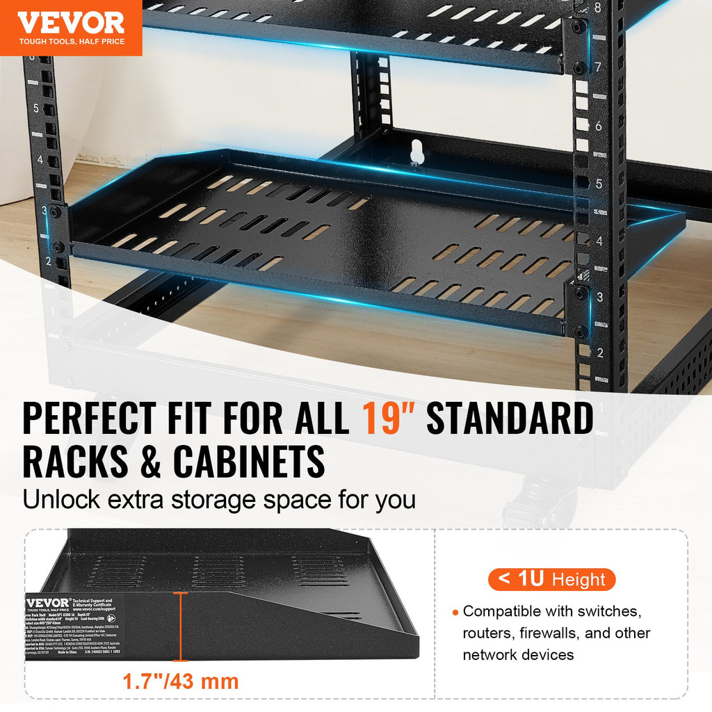 2PCS 1U Server Rack Shelf Depth Vented Rack Mount Shelf Tray