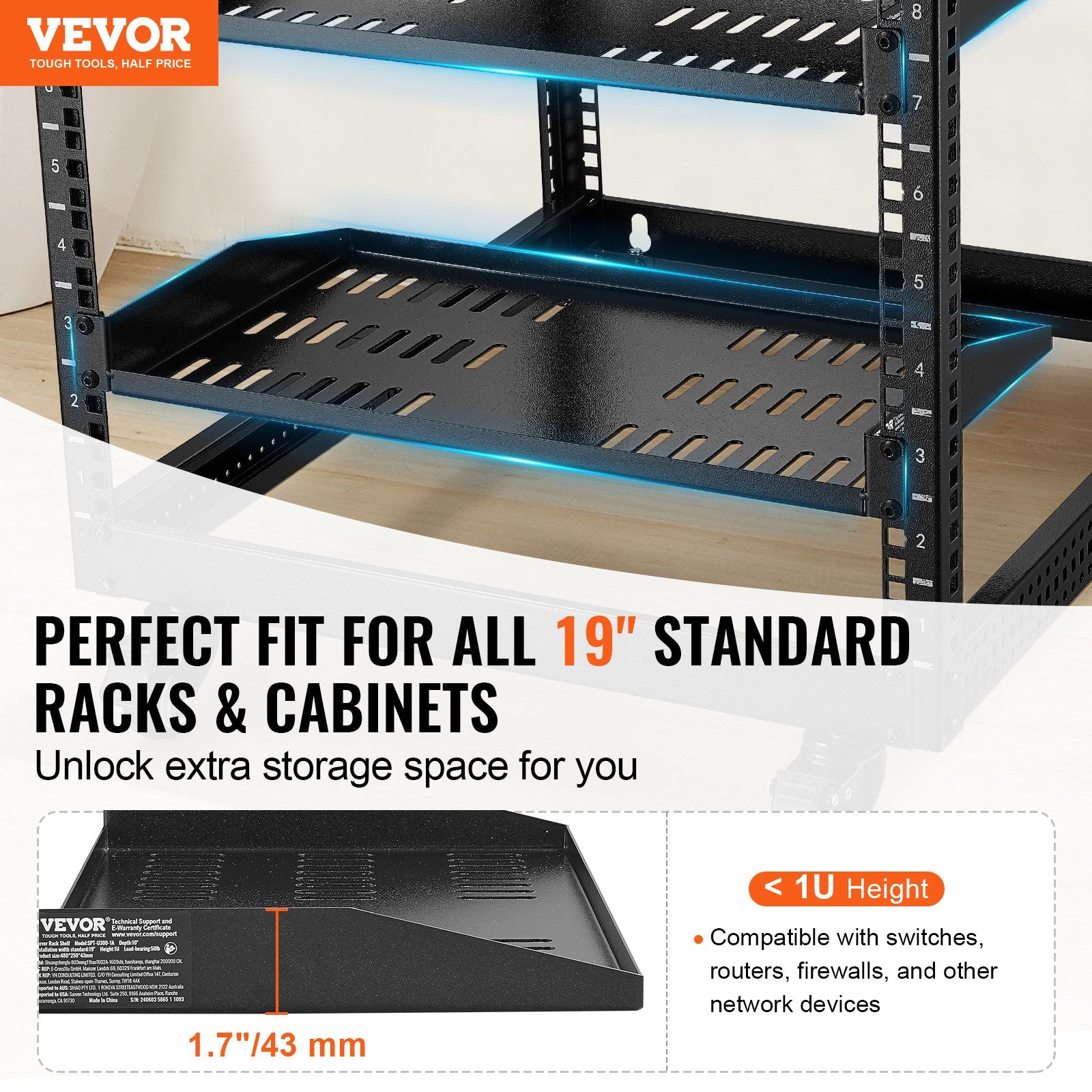 2PCS 1U Server Rack Shelf Depth Vented Rack Mount Shelf Tray