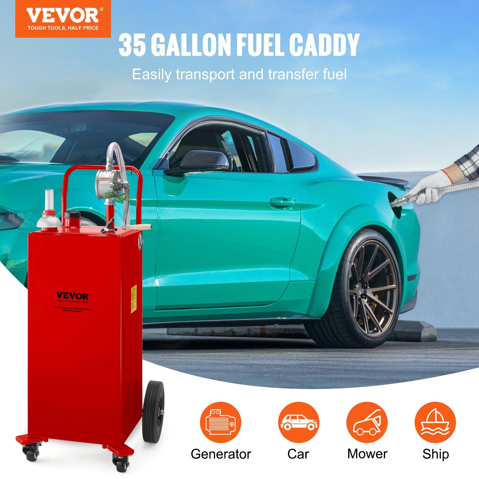 Fuel Caddy, 35 Gallon, Gas Storage Tank On 4 Wheels, With Manuel Transfer Pump, GasolineFuel Container For Cars, Lawn Mowers, ATVs, Boats, More, Red