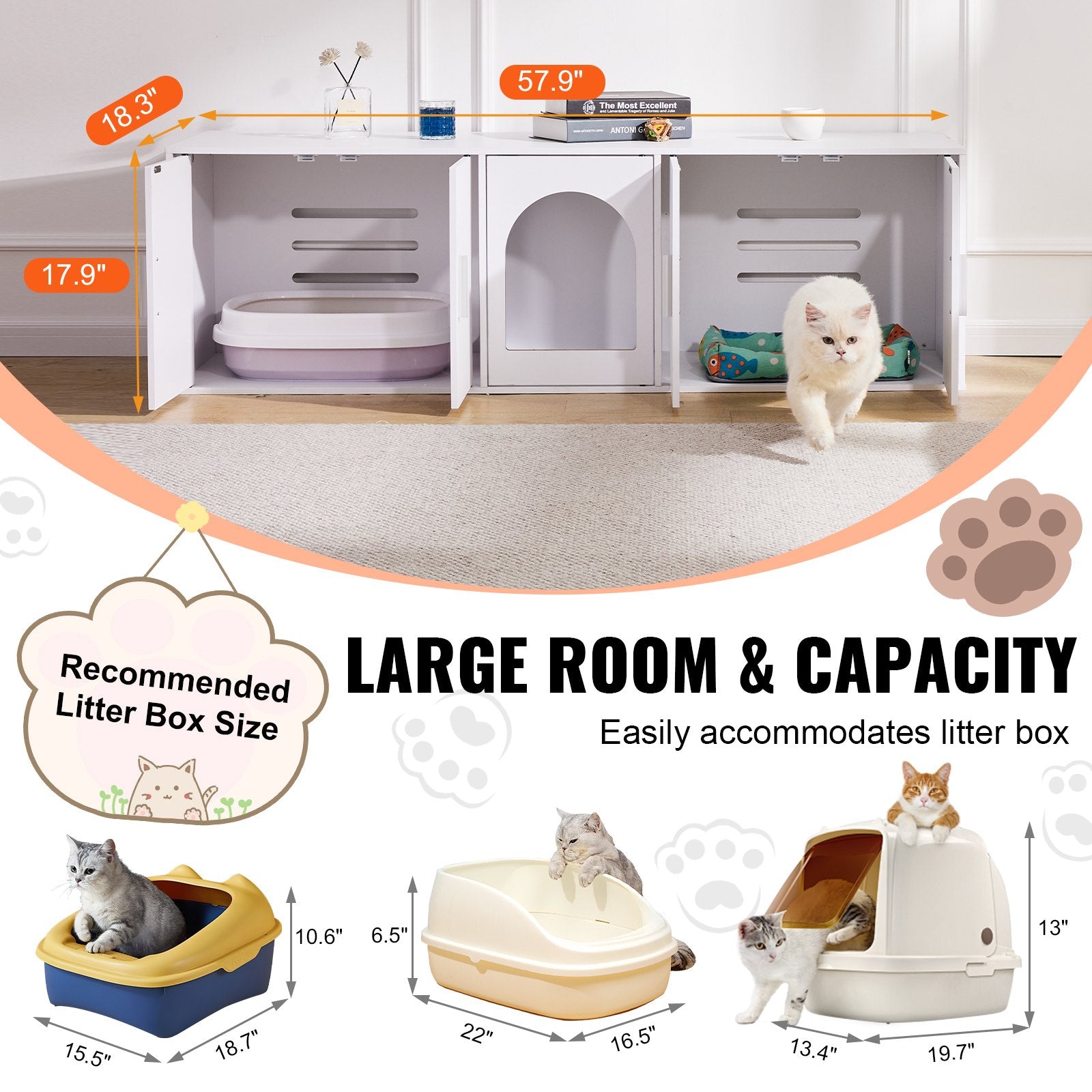 Cat Litter Box Enclosure Wooden Litter Box Furniture Hidden  White
