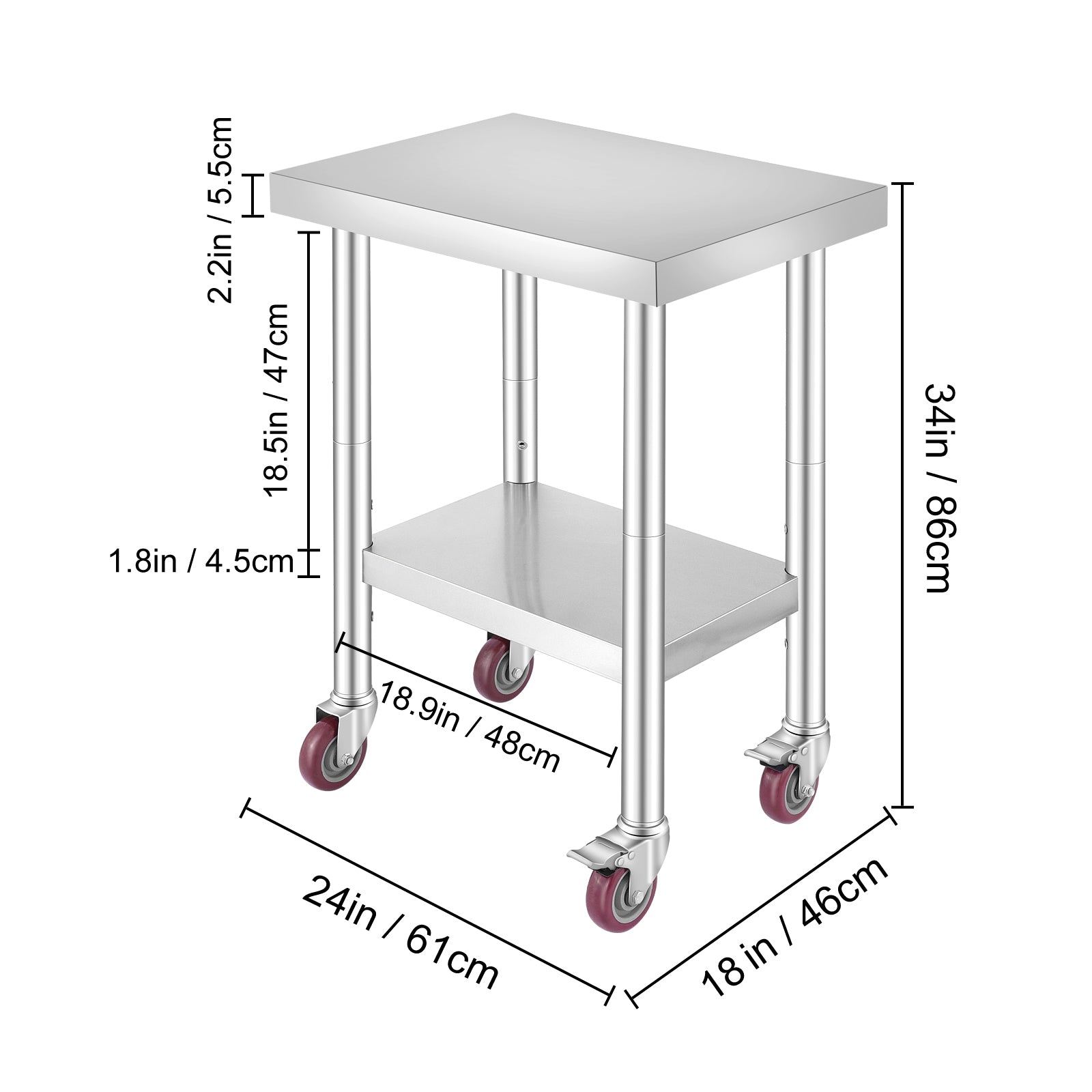 24x18x34 Inch Stainless Steel Work Table 3-Stage Adjustable Shelf With 4 Wheels Heavy Duty Commercial Food Prep Worktable With Brake For Kitchen Prep Work