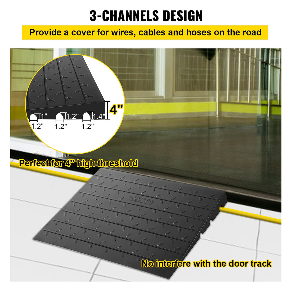 Rubber Threshold Ramp, 4Rise Threshold Ramp Doorway, 3 Channels Cord Cover Rubber Solid Threshold Ramp, Rubber Angled Entry Rated 2200 Lbs Load Capacity For Wheelchair And Scooter
