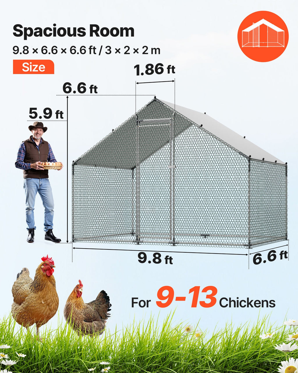 Metal Chicken Coop, 9.8x6.5x6.5ft Large Walk-in Chicken Runs With Cover, Spire Roof Hen House Enclosure With Security Lock, Outdoor Duck Rabbit Cage Poultry Pen For Backyard, Farm, Yard