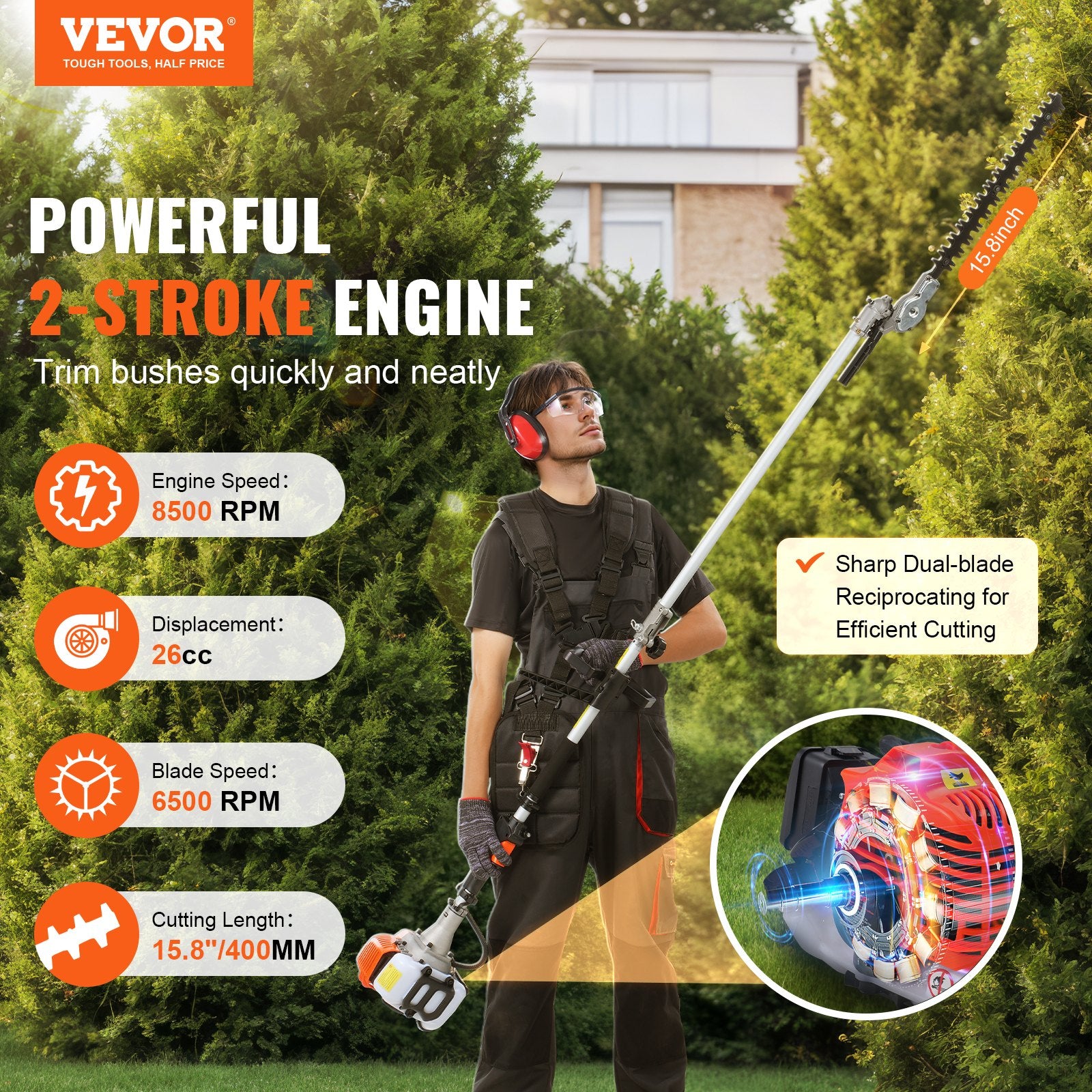 15.7-inch 26CC 2 Cycle Gas Hedge Trimmer, Gas Powered Pole Hedge Trimmer With Dual Sided Dual Action Blade, 270° Adjustable Trimmer Head, Suitable For Trimming Shrubs, Bushes