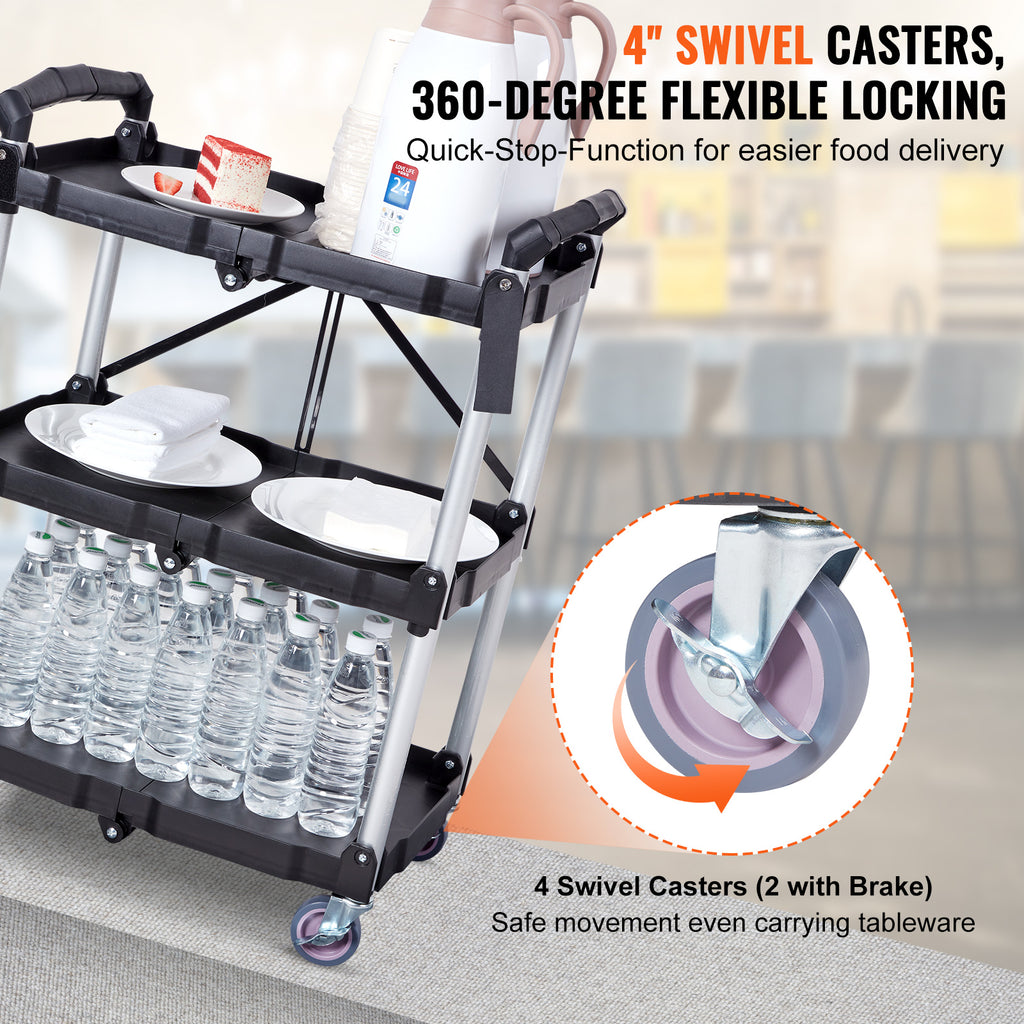 Foldable Utility Service Cart, 3 Shelf 165LBS Heavy Duty Plastic Rolling Cart With Lockable Wheels, Ergonomic Handle, Portable Garage Tool Cart