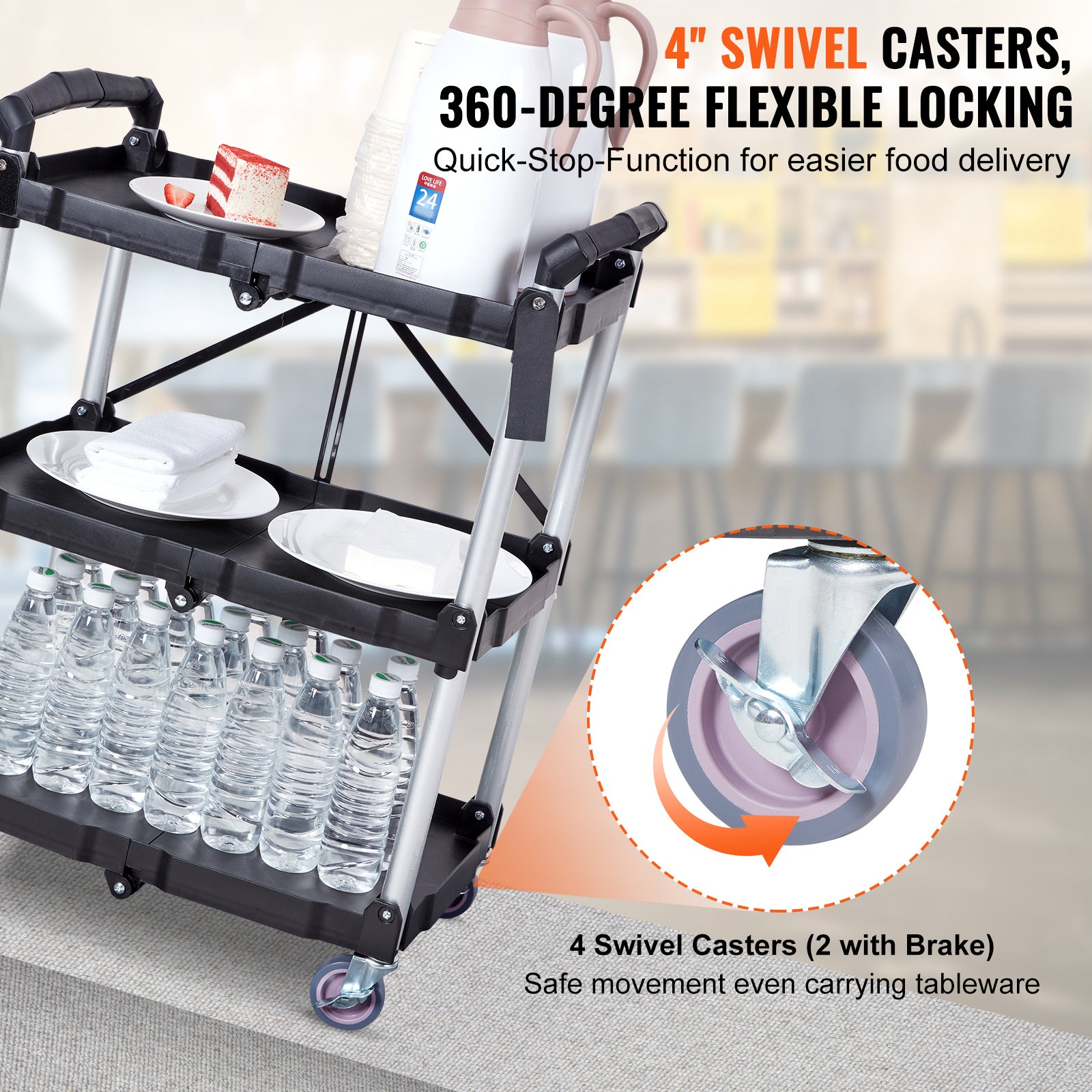 Foldable Utility Service Cart, 3 Shelf 165LBS Heavy Duty Plastic Rolling Cart With Lockable Wheels, Ergonomic Handle, Portable Garage Tool Cart