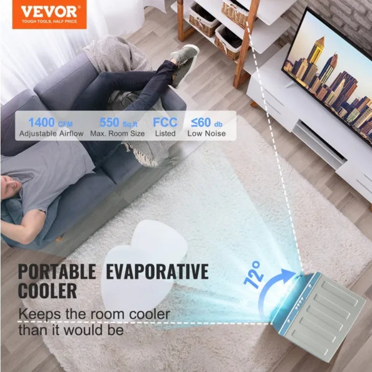Evaporative Air Cooler, Oscillating Swamp Cooler With Adjustable 3 Speeds, Portable Air Cooler For Indoor Outdoor Use