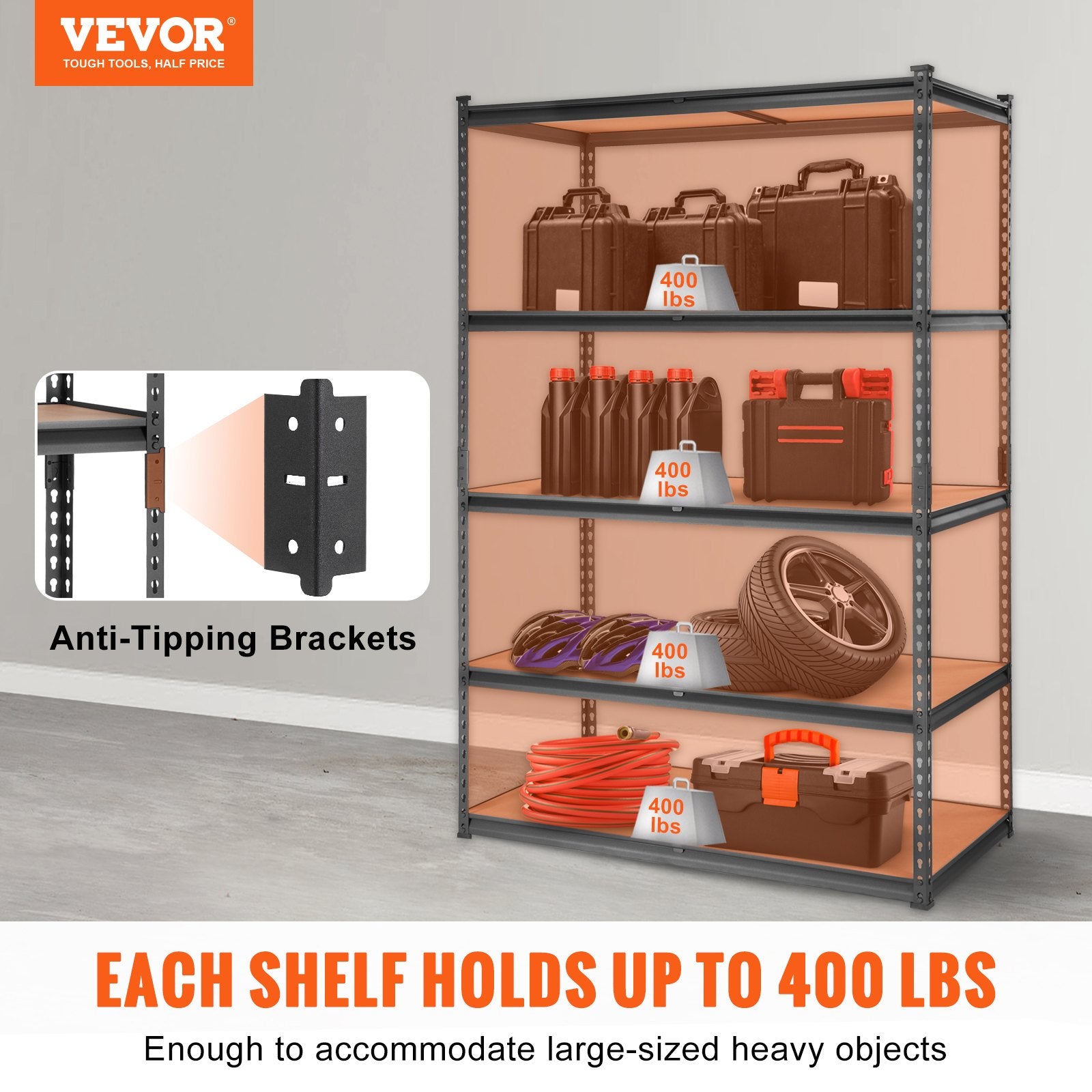 Storage Shelving Unit, 5-Tier Adjustable, 2000 Lbs Capacity, Heavy Duty Garage Shelves Metal Organizer Utility Rack, Black, For Kitchen Pantry Basement Bathroom Laundry
