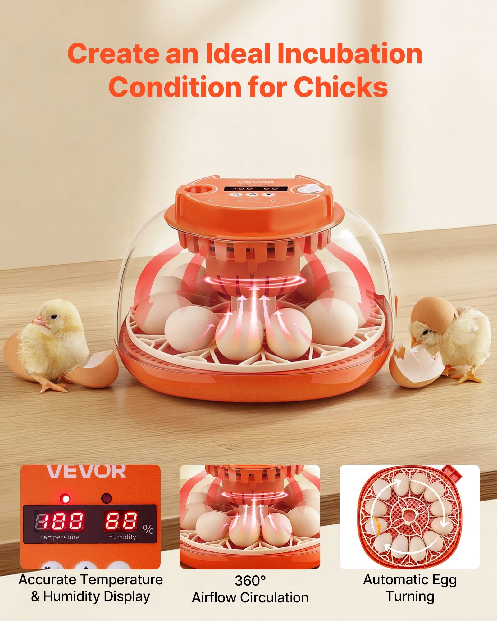 12 Egg Incubator, Automatic Egg Turner With LED Candler, Temperature & Humidity Control, 360° View Clear Window, Poultry Eggs Incubator For Home Farm, Hatching Chicks Ducks Goose Quail