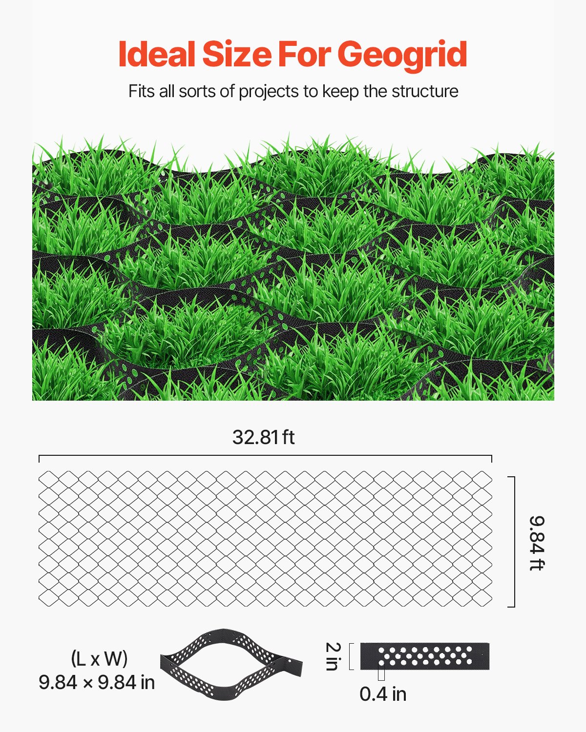Ground Grid 2-Inch Depth Geocell Grid 32.81x9.84 FT / 10000x3000 Mm For Gravel