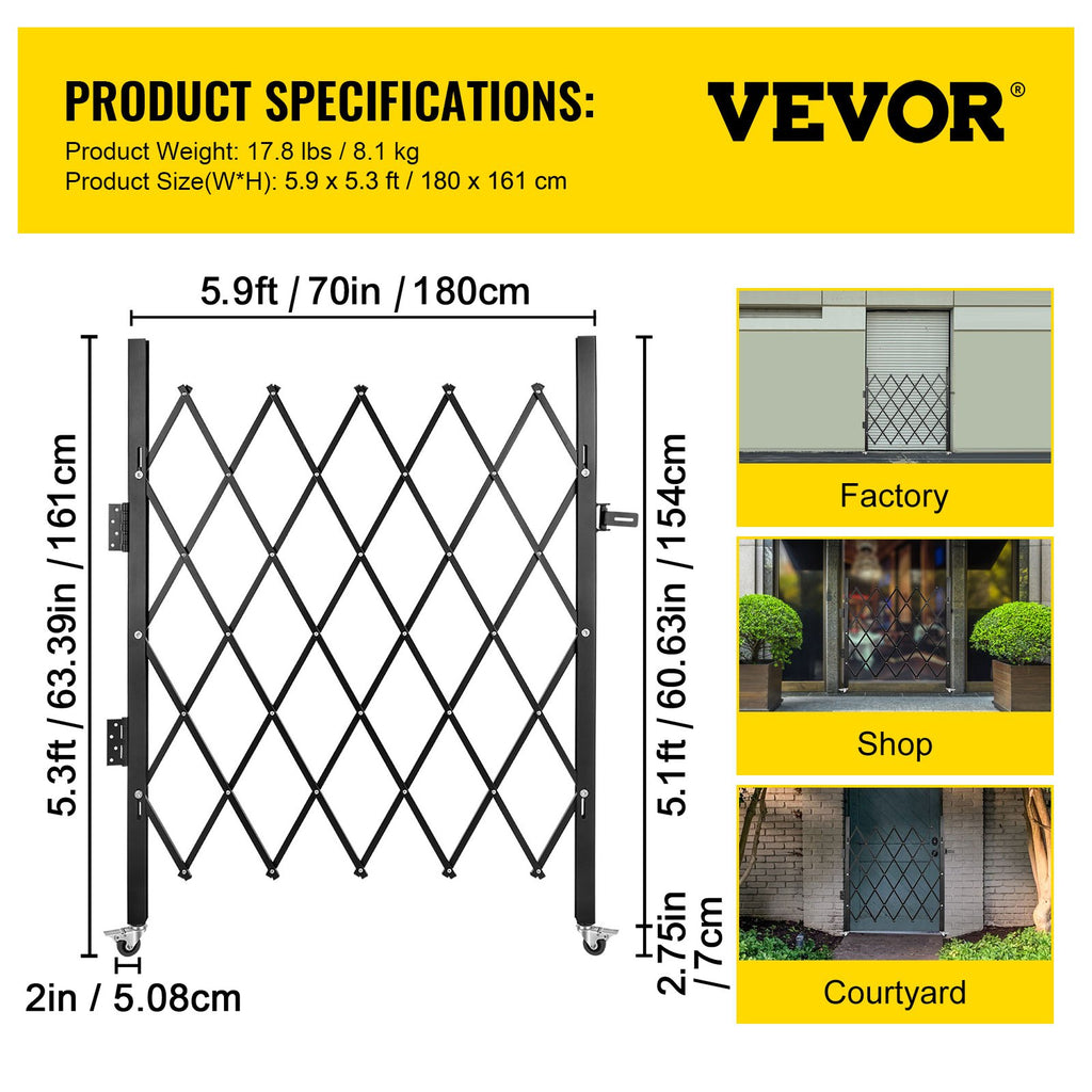Single Folding Security Gate, 5.1'H X 5.9'W Folding Door Gate, Steel Accordion Security Gate, Flexible Expanding Security Gate, Rolling Barricade Gate, Scissor Gate Door With
