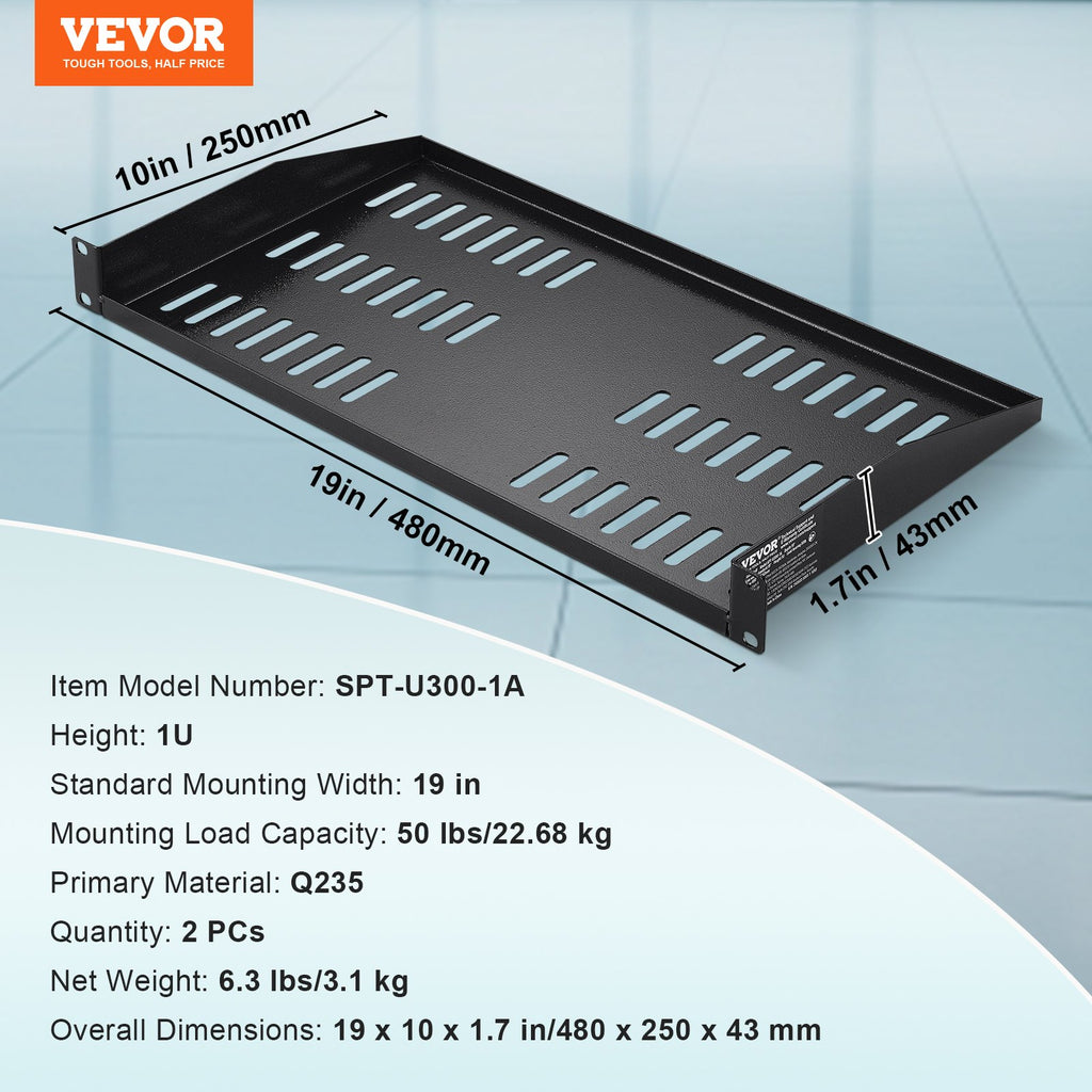 2PCS 1U Server Rack Shelf Depth Vented Rack Mount Shelf Tray