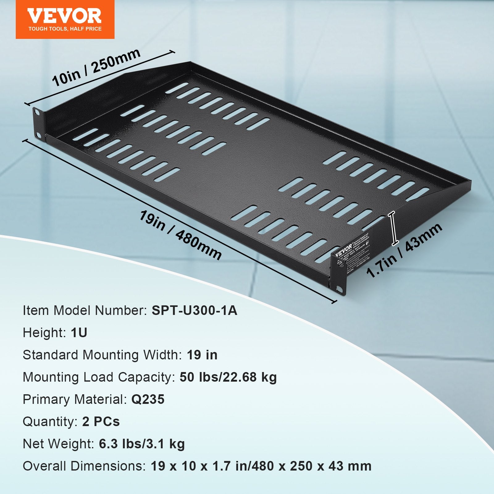 2PCS 1U Server Rack Shelf Depth Vented Rack Mount Shelf Tray