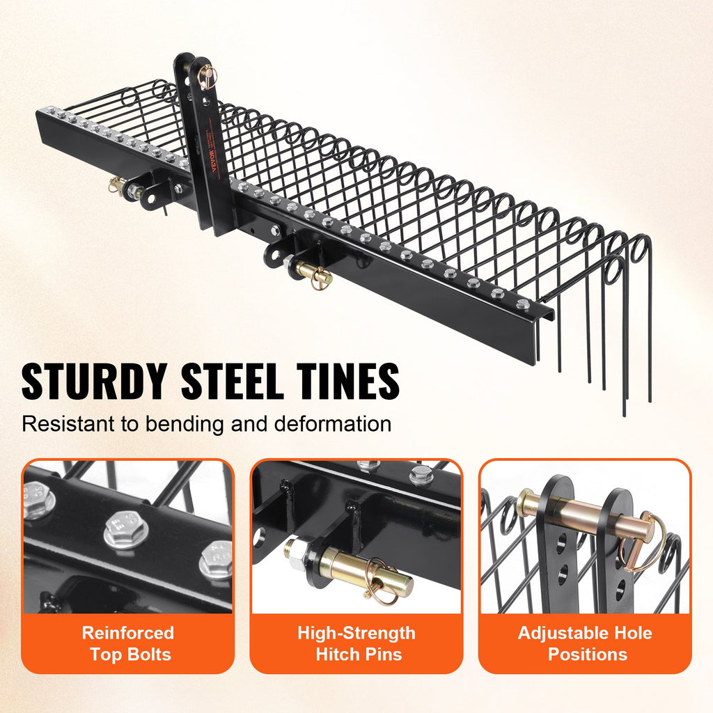 Tow Behind Landscape Rake, 72' Tow Dethatcher With 32 Steel Tines, Lawn Dethatcher Rake Attaches To Category 1, 3 Point Hitch For Tractor, For Leaves, Pine Needles, Straw, And Grass
