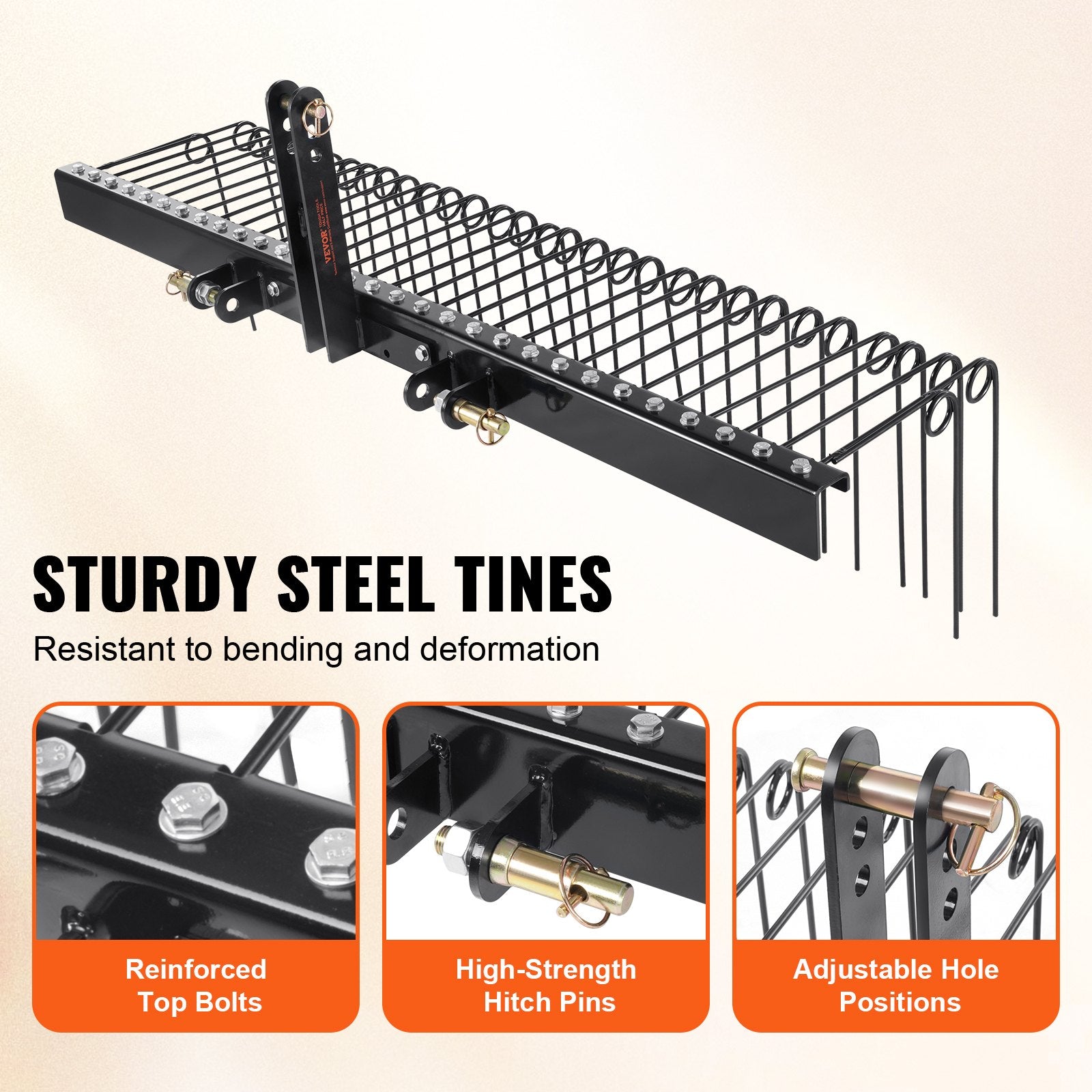 Tow Behind Landscape Rake, 72' Tow Dethatcher With 32 Steel Tines, Lawn Dethatcher Rake Attaches To Category 1, 3 Point Hitch For Tractor, For Leaves, Pine Needles, Straw, And Grass