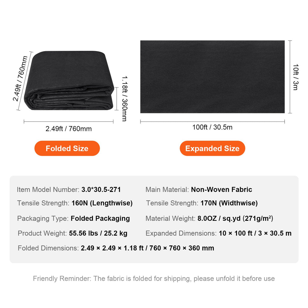 Non-Woven Geotextile Fabric 10x100FT 8OZ Ground Cover Weed Control Fabric