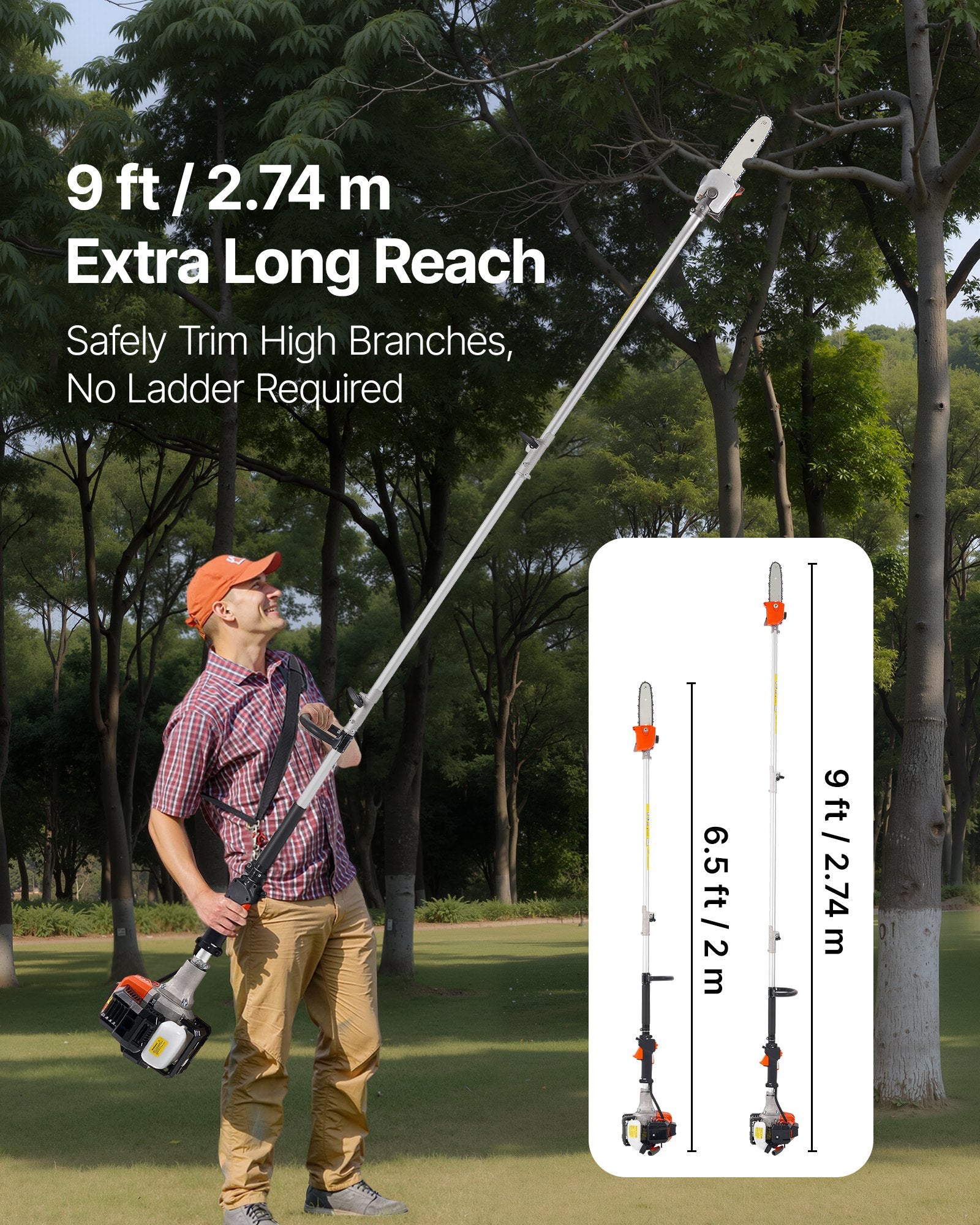 Gas Pole Saw 25CC 2-Stroke Extendable Cordless Tree Trimmer 8 In Cutting Bar