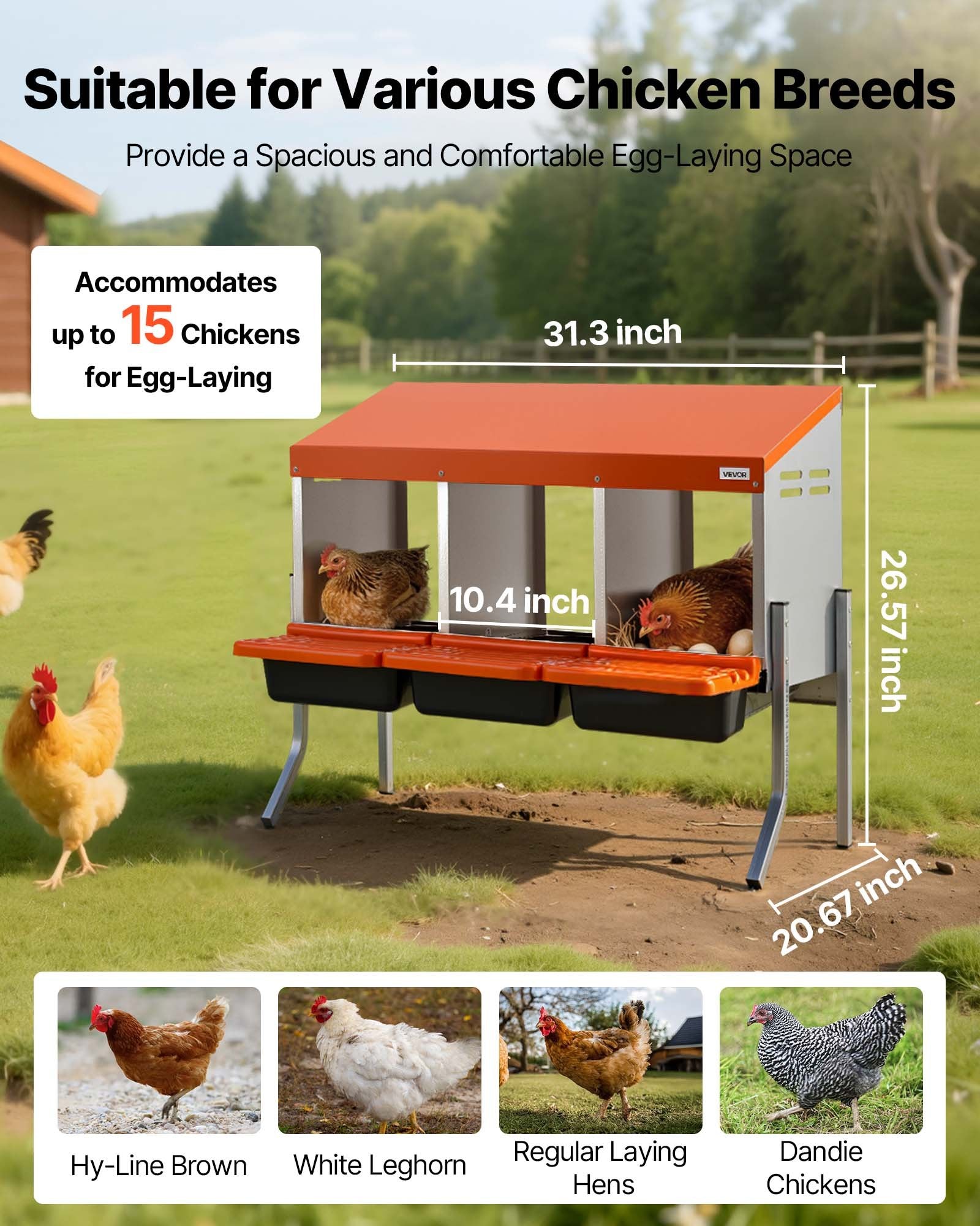 Chicken Nesting Boxes, 3 Compartments, With Support Legs, Easy Egg Collection, Galvanized Steel And High-Strength Plastic, Roll Away Nesting Boxes For Chickens And Hens Laying Eggs, Orange