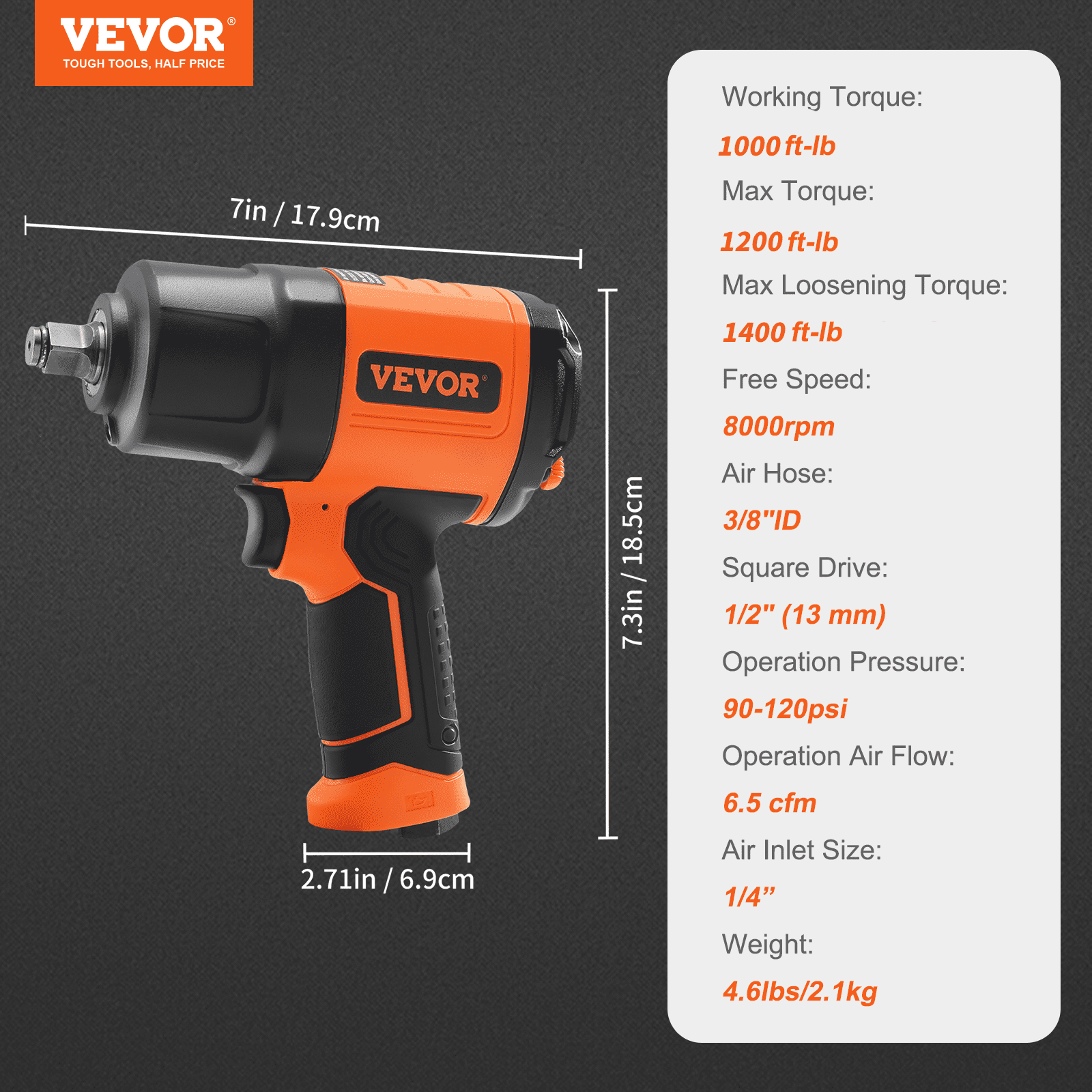 Air Impact Wrench  Square Drive 1400ft-lb Nut-busting Torque 90-120PSI