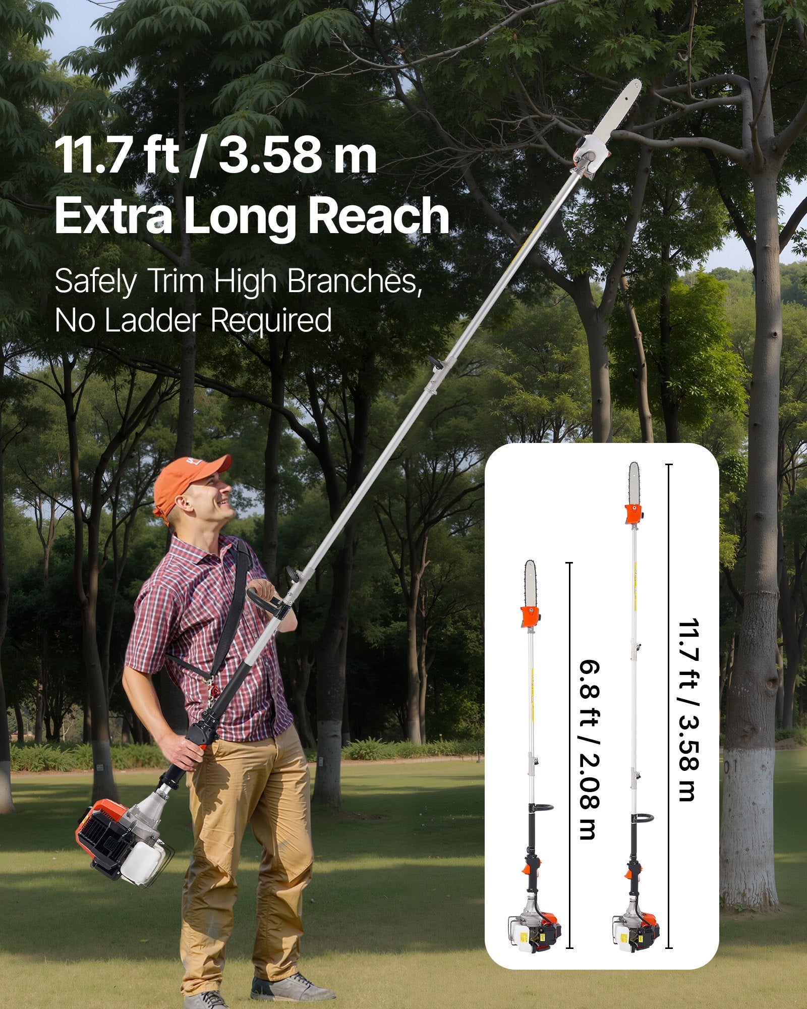 Gas Pole Saw 43CC 2-Stroke Extendable Cordless Tree Trimmer 10 In Cutting Bar