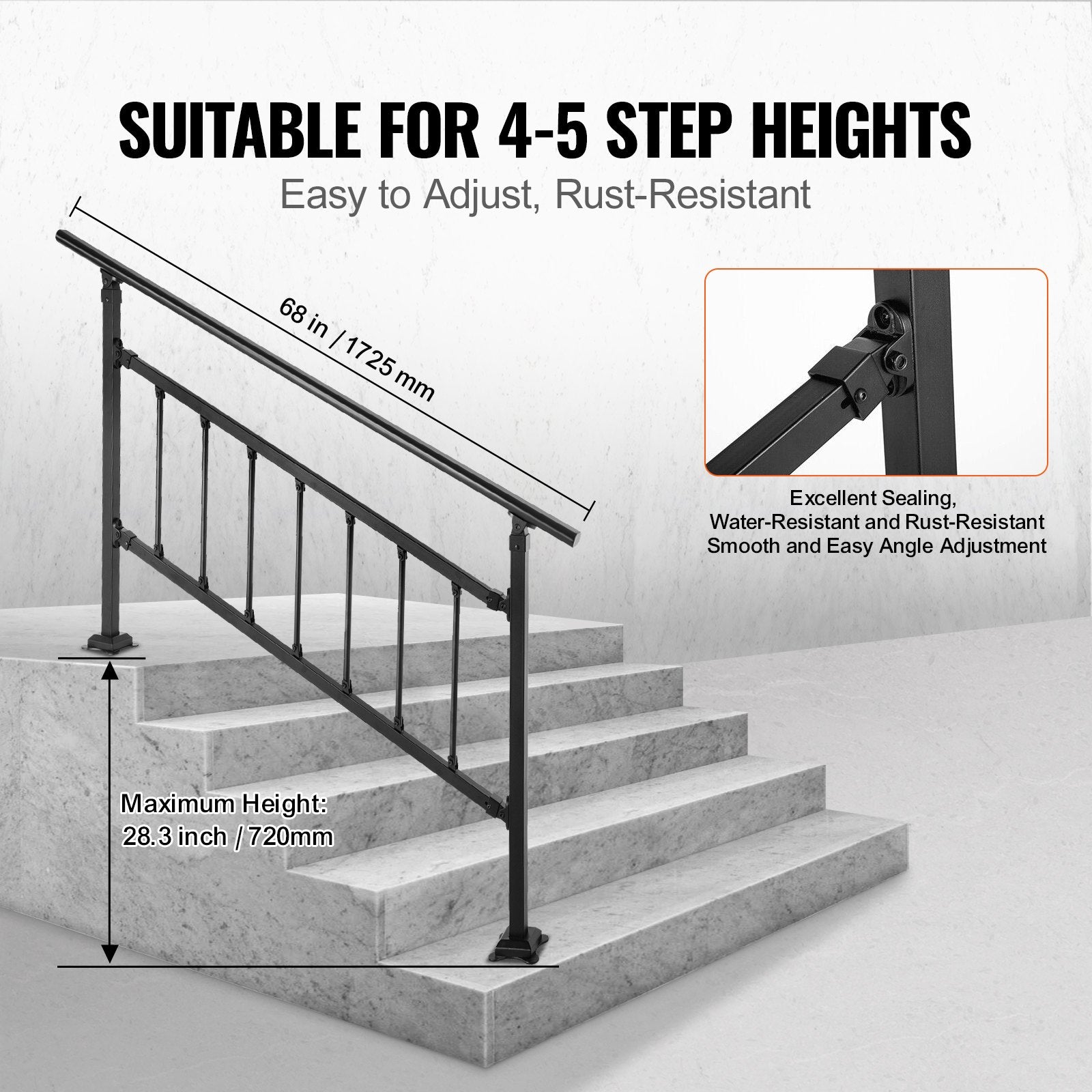 Outdoor Stair Railing, Fits For 1-5 Steps Transitional Wrought Iron Handrail, Adjustable Exterior Stair Railing With Fence, Handrails For Concrete Steps With Installation Kit, Matte Black
