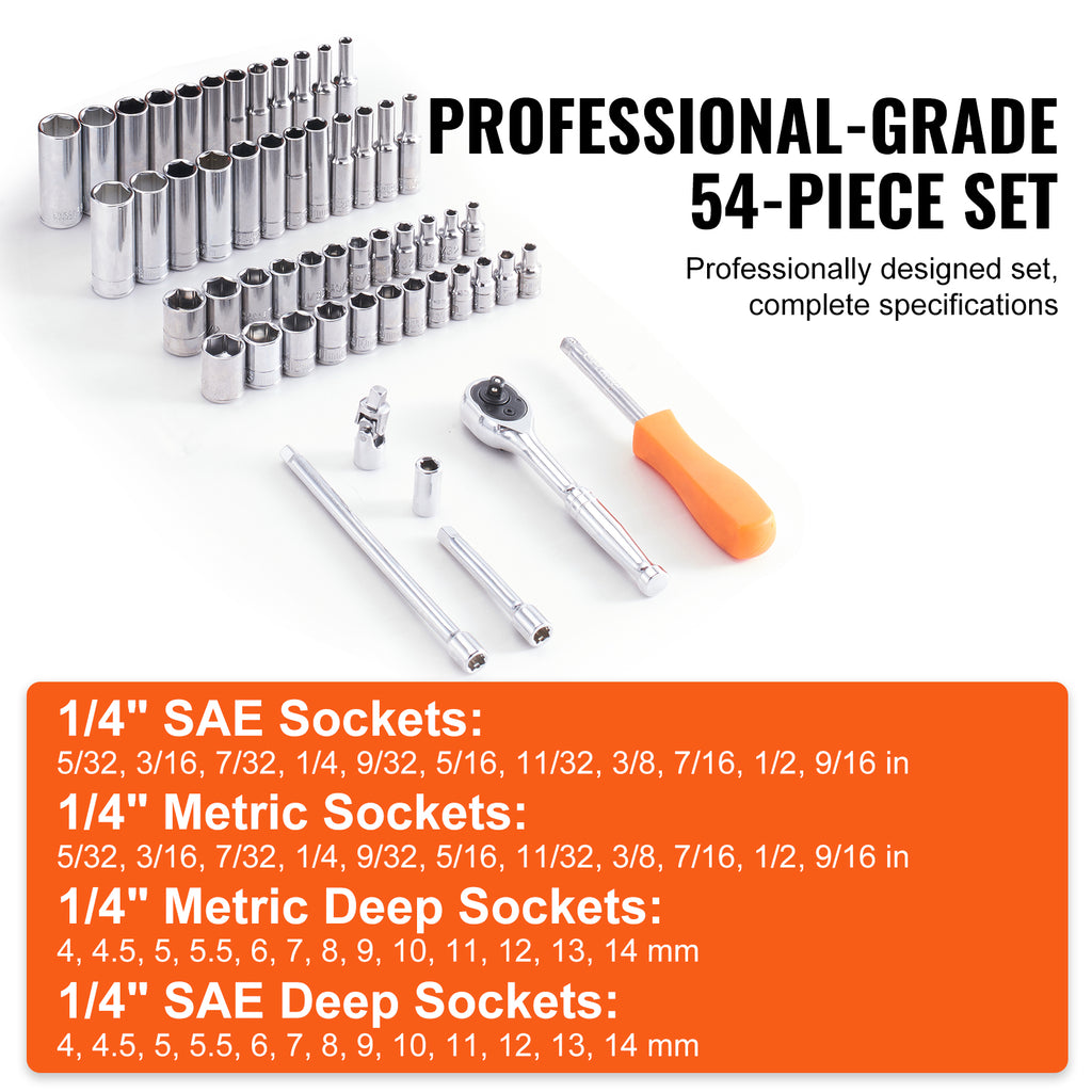 Socket Set, Drive Socket And Ratchet Set, 6-Point Socket Opening, 54 Pieces Tool Set SAE And Metric, Deep And Standard Sockets,