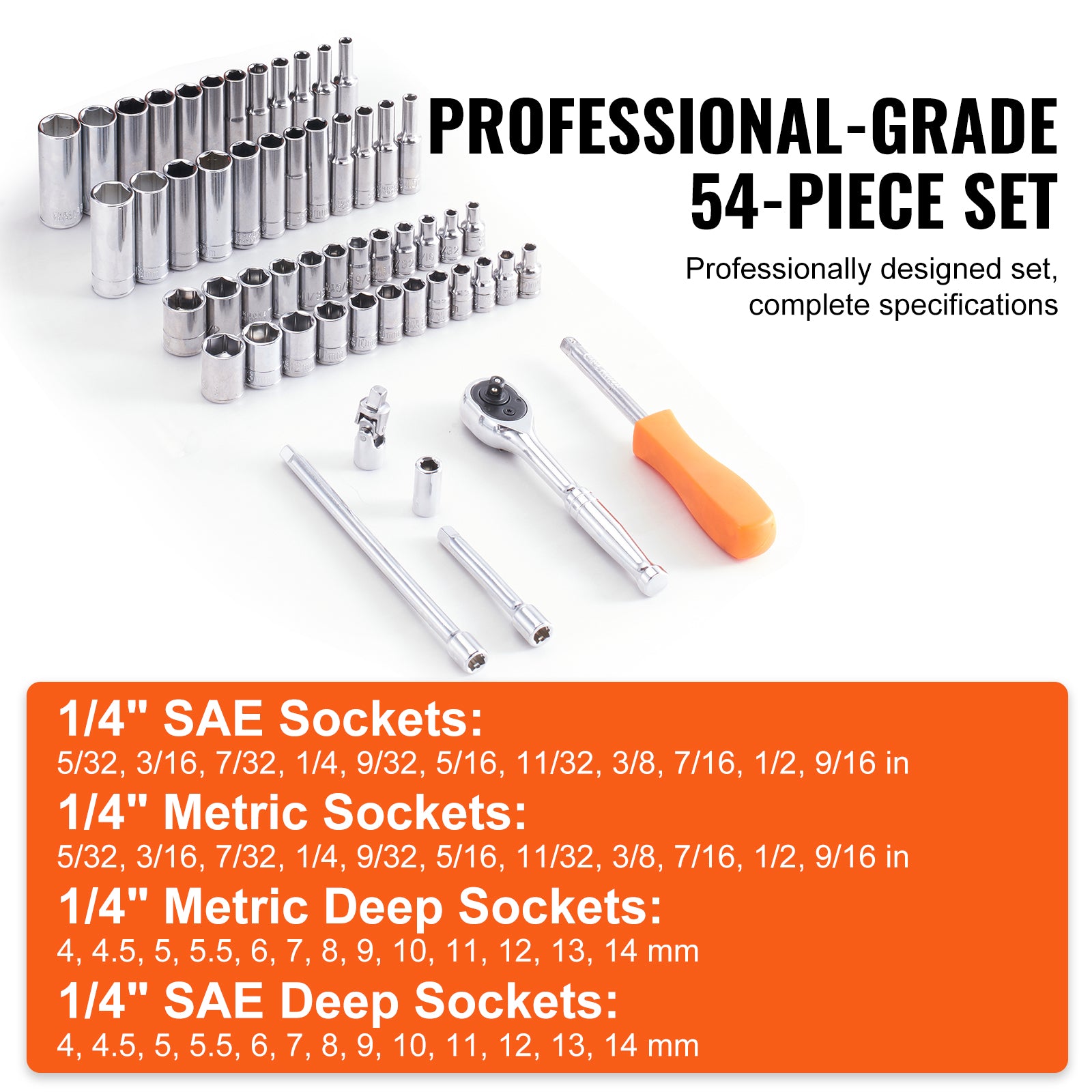 Socket Set, Drive Socket And Ratchet Set, 6-Point Socket Opening, 54 Pieces Tool Set SAE And Metric, Deep And Standard Sockets,