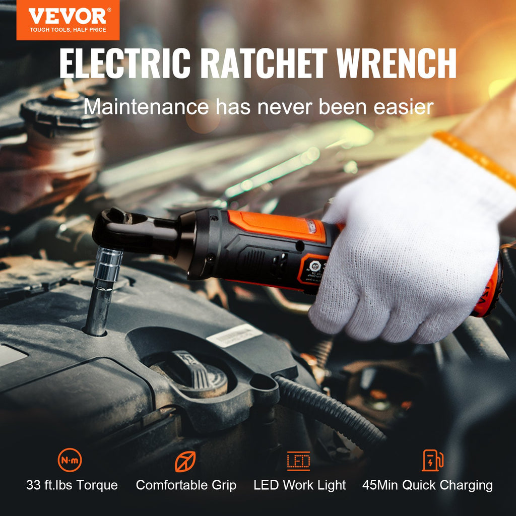 3/8" Cordless Electric Ratchet Wrench Set, 12V 33 Ft-lbs Power Ratchet Tool Kit, 45-Min Fast Charge, 2-Pack 2.0Ah Battery, Built-in LED Light, Variable Speed Trigger, 10 Sockets