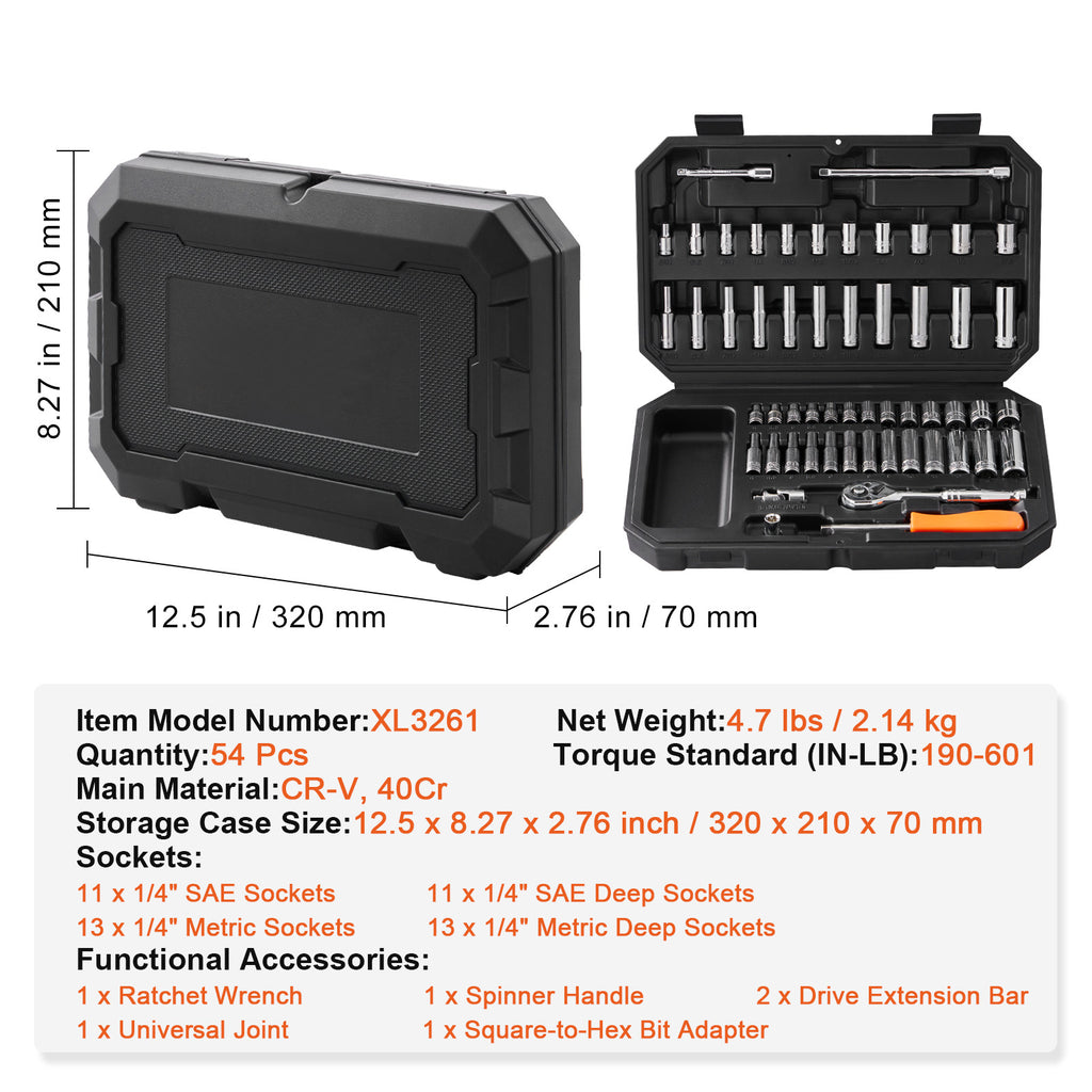 Socket Set, Drive Socket And Ratchet Set, 6-Point Socket Opening, 54 Pieces Tool Set SAE And Metric, Deep And Standard Sockets,