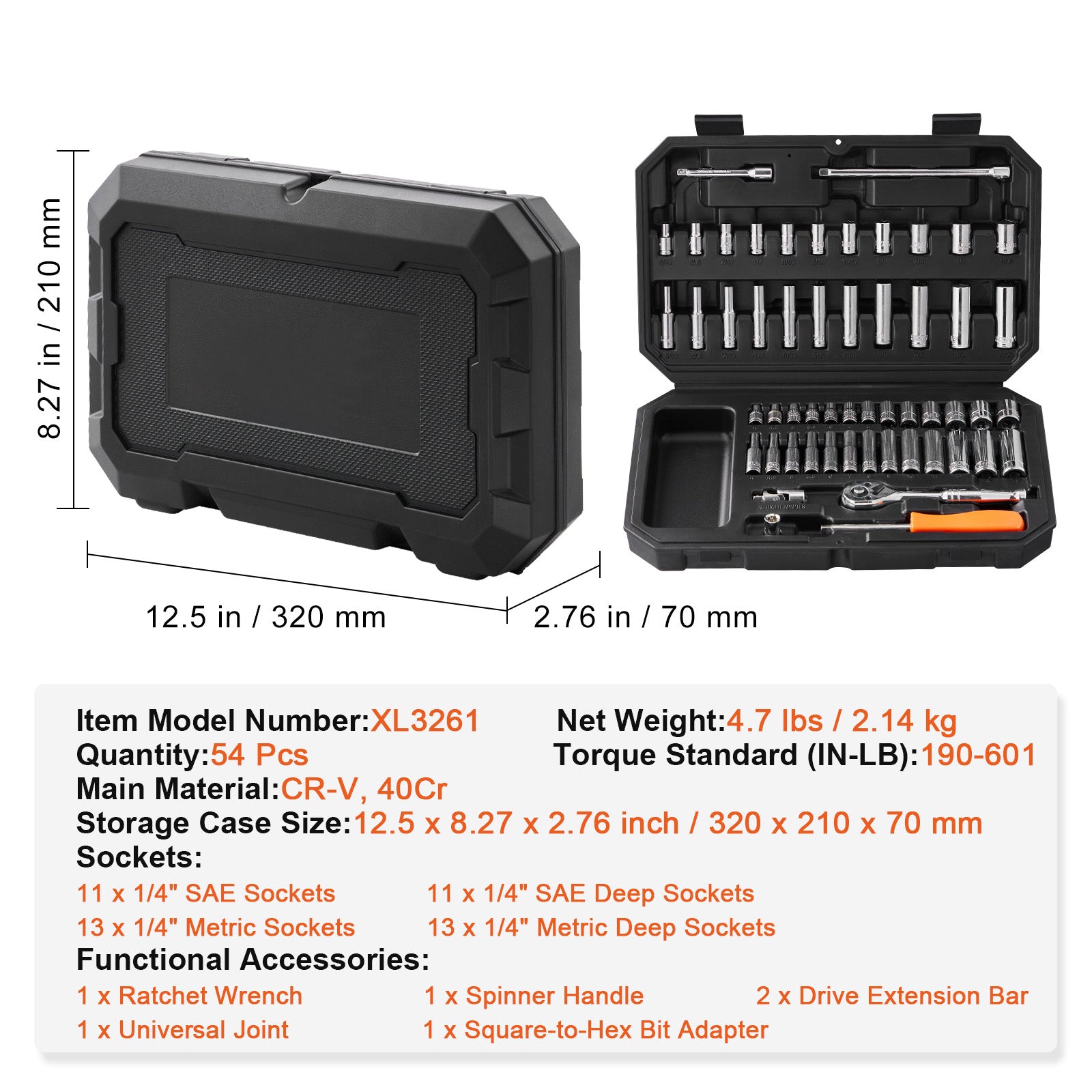 Socket Set, Drive Socket And Ratchet Set, 6-Point Socket Opening, 54 Pieces Tool Set SAE And Metric, Deep And Standard Sockets,