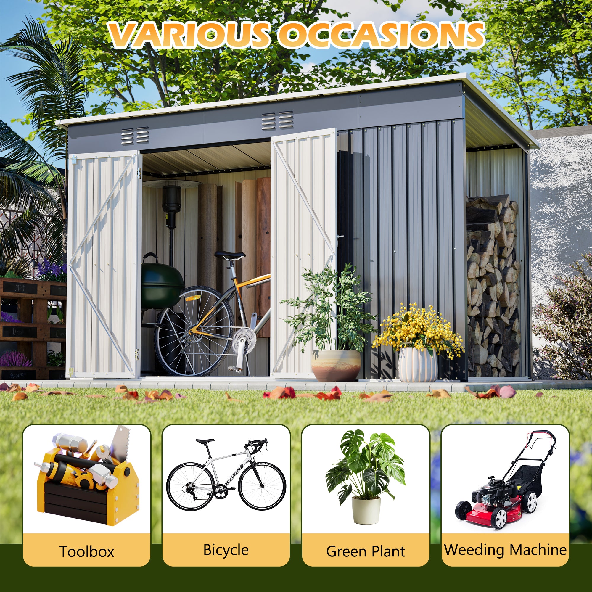 10'x4' Outdoor Metal Storage Shed For Garden Tools Lockable Door With Floor Frame