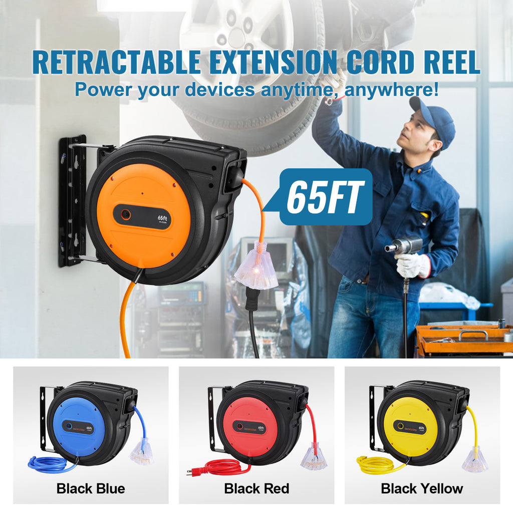 Retractable Extension Cord Reel Power Cord Reel 65FT 12AWG 3C SJTOW