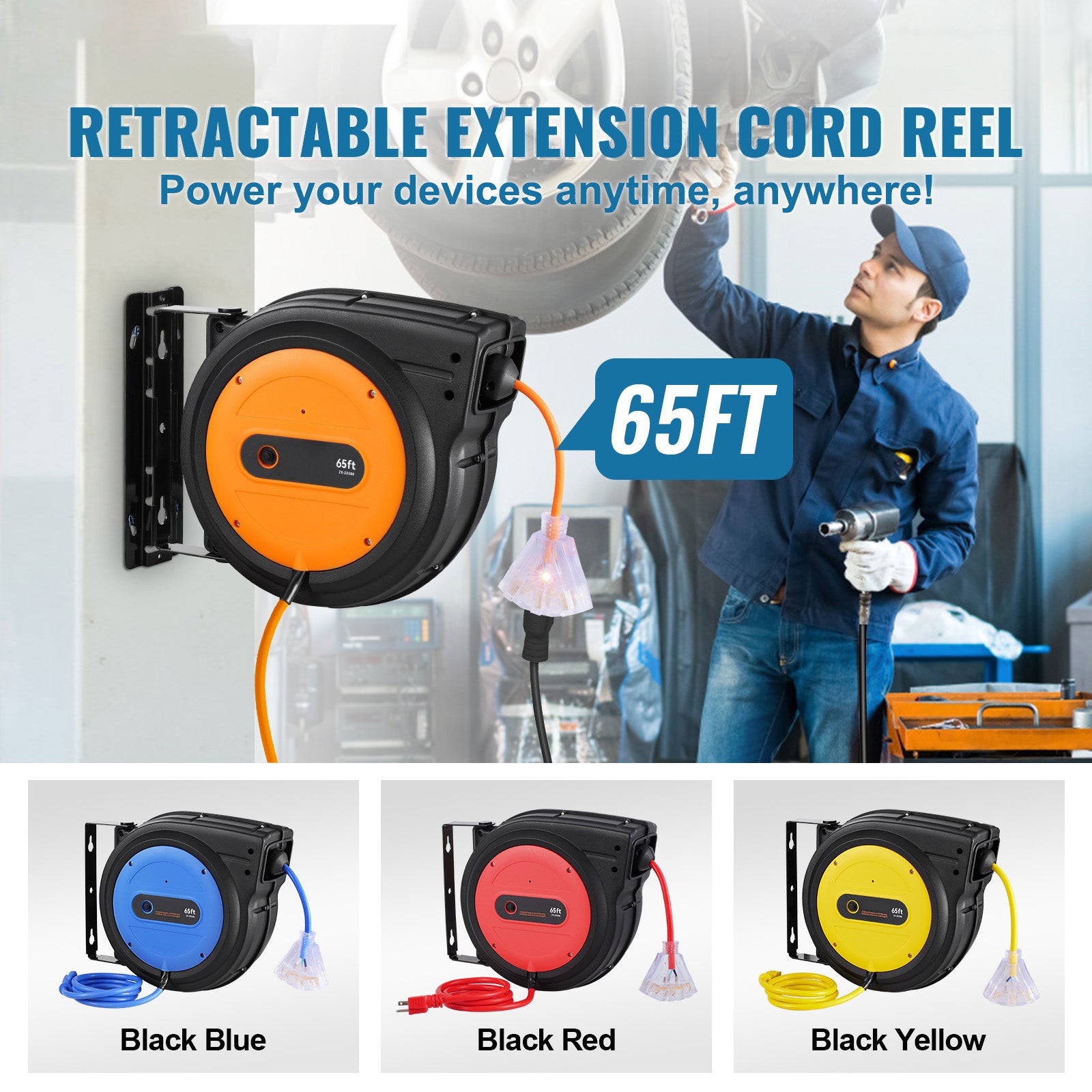 Retractable Extension Cord Reel Power Cord Reel 65FT 12AWG 3C SJTOW