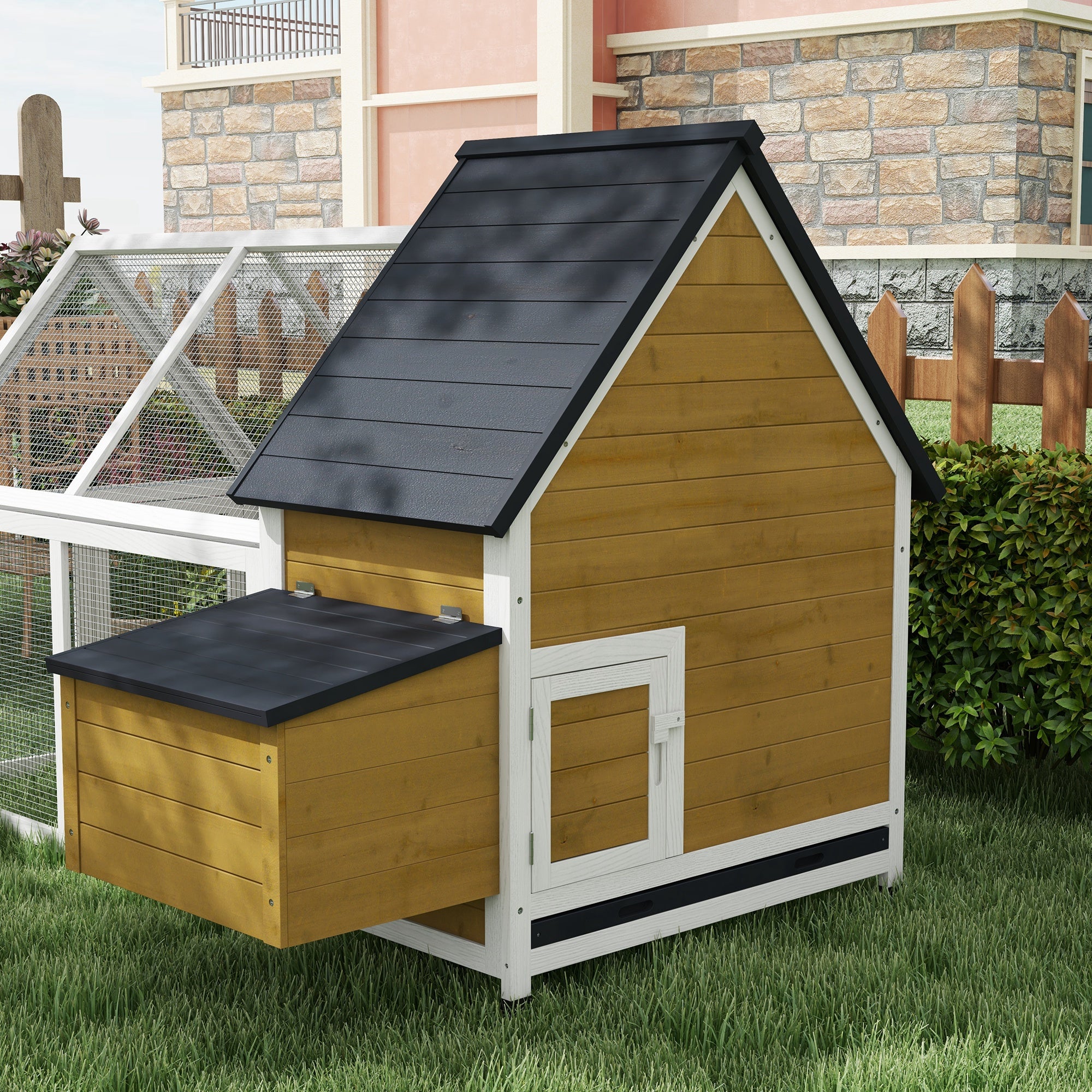 65" Chicken Coop Wooden Chicken House Rabbit Hutch Poultry Cage Hen Pen Backyard with Nesting Box, Ramp, Run, Yellow