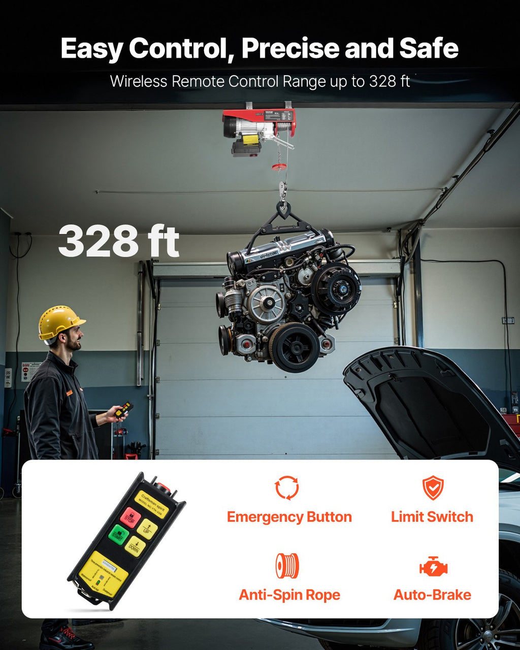 Wireless Electric Hoist, 440 Lbs 110V Electric Steel Wire Winch With Wireless Remote Control, 40ft Single Cable Lifting Height & Pure Copper Motor, For Garage Warehouse Factory