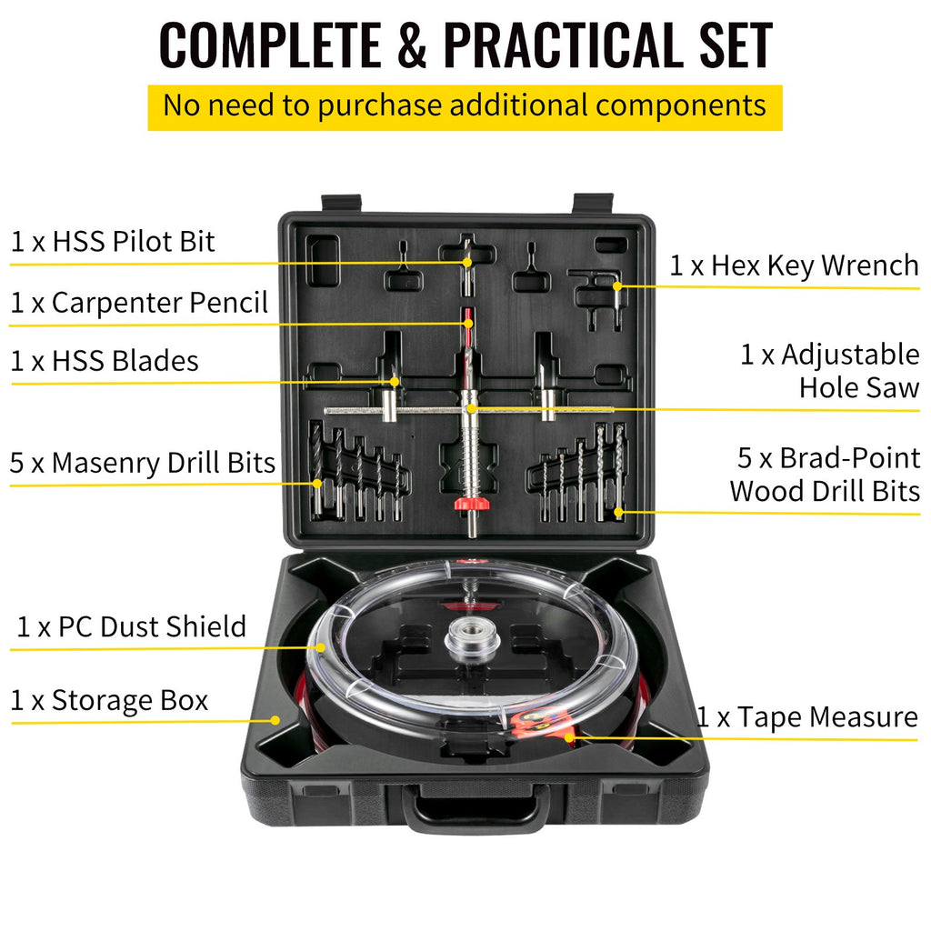 Adjustable Hole Saw Cutter Kit, 1-5/8' To 11-13 /16' (40-300 Mm), Recessed Hole Saw With PC Dust Shield, Two Replaceable Pilot Drill Bits, For Recessed Lights, Ceiling Speakers, Vent Holes