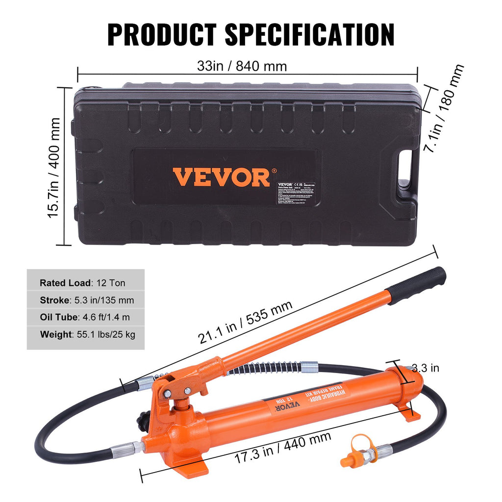 12 Ton Porta Power Kit, Hydraulic Ram With With 4.6 Ft 1.4 M Oil Hose, Portable Hydraulic Jack With Storage Case For Automotive, Garage, Farm, Mechanic