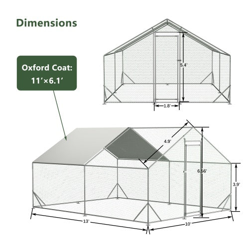 Large Metal Chicken Coop, Walk-in Chicken Run,Galvanized Wire Poultry Chicken Hen Pen Cage, Rabbits Duck Cages With Waterproof And Anti-Ultraviolet Cover For Outside 10 L X 13 W X 6.56 H