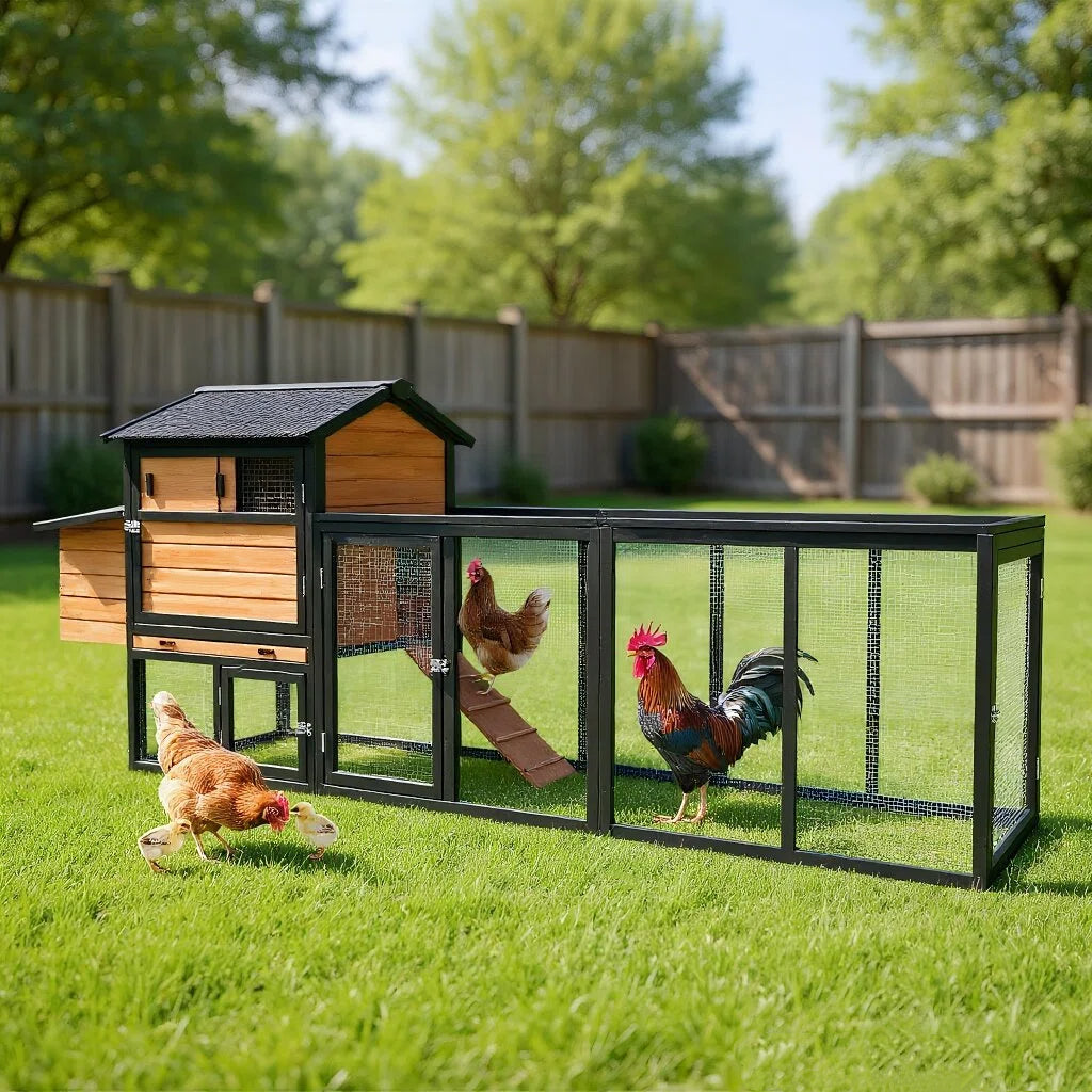 Brown Black Wooden Chicken Coop, Large Outdoor Hen House With Run And Nesting Box Poultry Cage, Rabbit Hutch, Waterproof Anti-UV Panel For Backyard