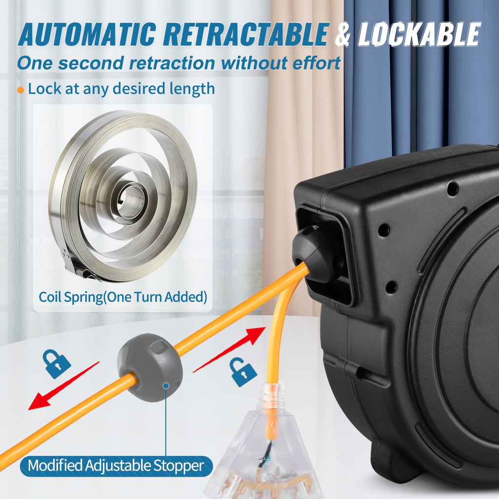 50ft Retractable Extension Cord Reel 14AWG 3CSJTOW Power Cord Reel