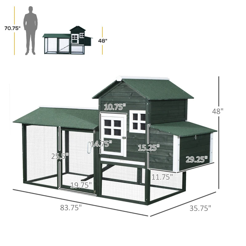 Wooden Chicken Coop, Hen House Outdoor With Run Nesting Box, Asphalt Roof, Removable Tray, Ramp, Poultry Cage For 2-3 Chickens, Green