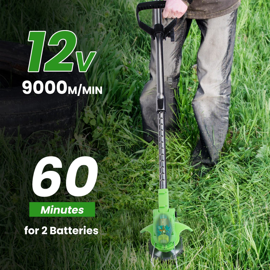 12V 200W Cordless Grass Trimmer Rechargeable Lawn Mower 9000M Per Min Weed Cutter With Saw Blade 2 Stainless Steel Blades 10 Plastic Blades 2 Rechargeable Batteries Goggles Gloves