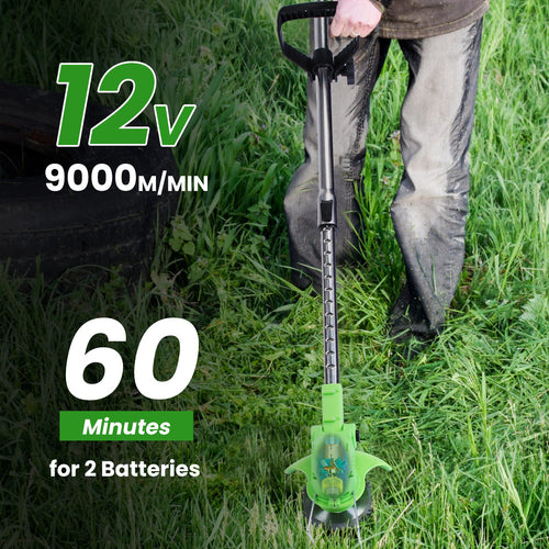 12V 200W Cordless Grass Trimmer Rechargeable Lawn Mower 9000M Per Min Weed Cutter With Saw Blade 2 Stainless Steel Blades 10 Plastic Blades 2 Rechargeable Batteries Goggles Gloves