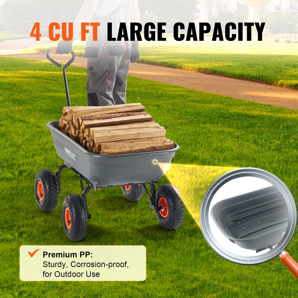 Dump Cart, Poly Garden Dump Cart With Easy To Assemble Steel Frame, Dump Wagon With 2-in-1 Convertible Handle, Utility Wheelbarrow 600 Lbs Capacity, 10 Inch Tires