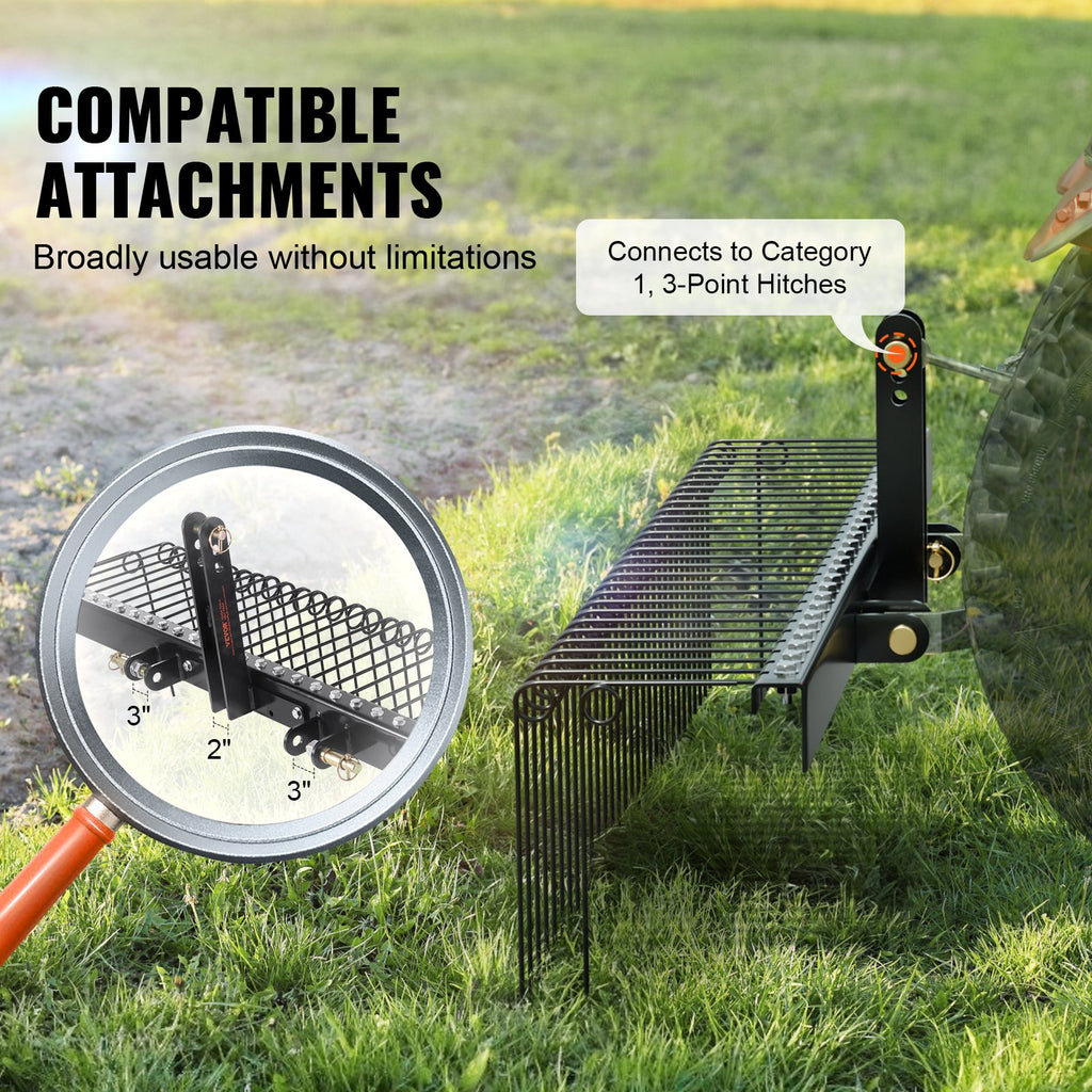 Tow Behind Landscape Rake, 72' Tow Dethatcher With 32 Steel Tines, Lawn Dethatcher Rake Attaches To Category 1, 3 Point Hitch For Tractor, For Leaves, Pine Needles, Straw, And Grass